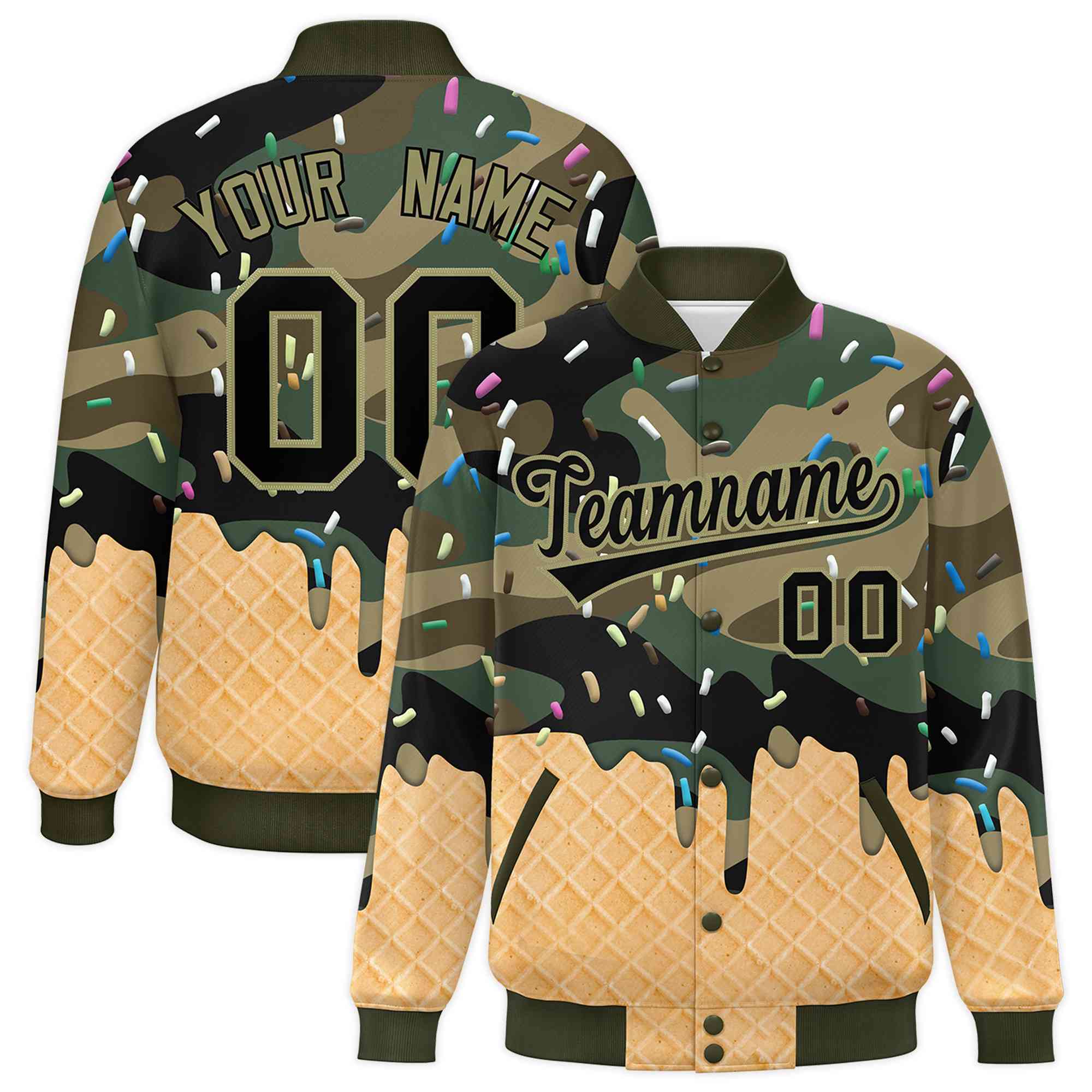 Custom Camo Ice Cream Cone Graffiti Pattern Full-Snap Varsity Letterman Jackets| KXKSHOP