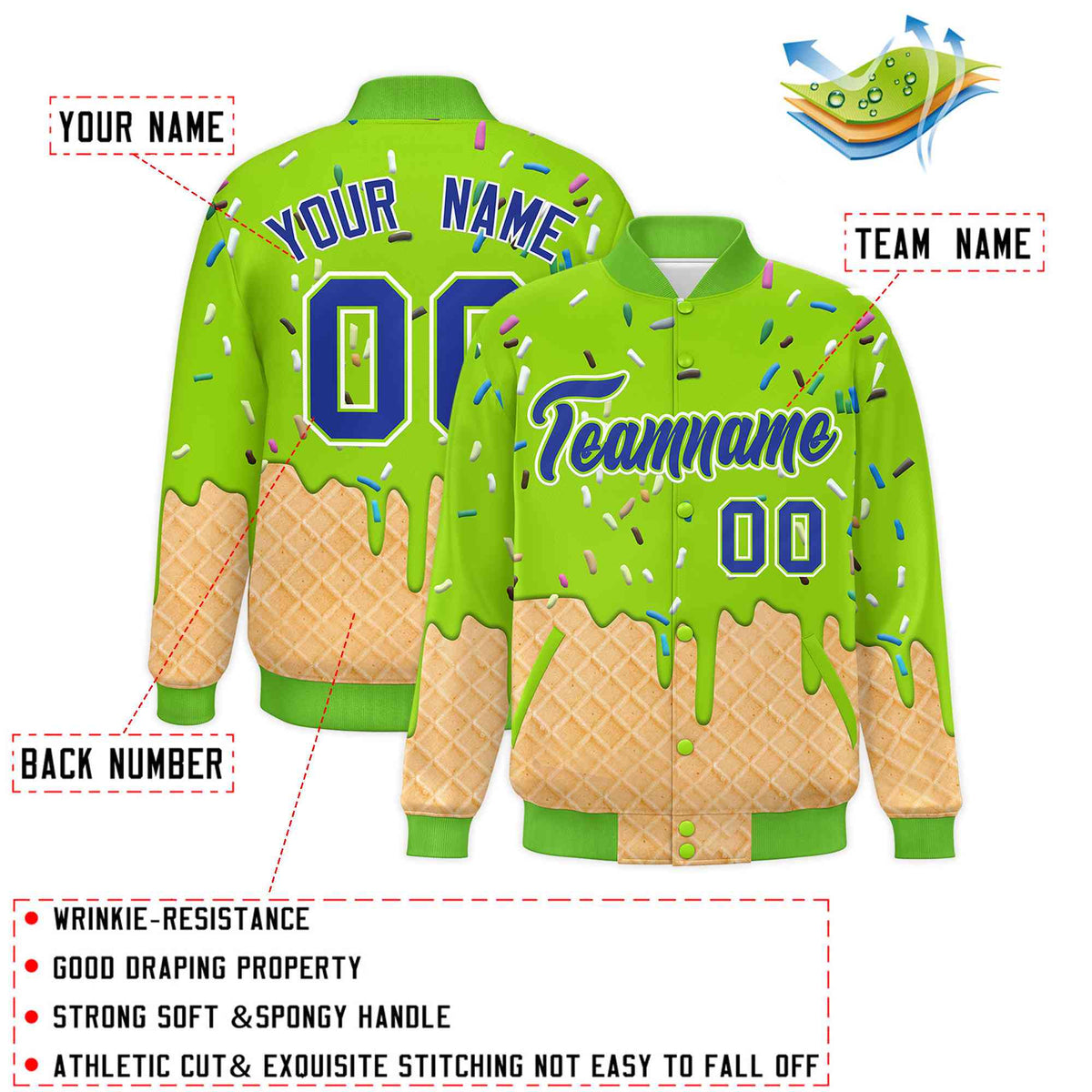 Custom Neon Green Ice Cream Cone Graffiti Pattern Full-Snap Varsity Letterman Jackets