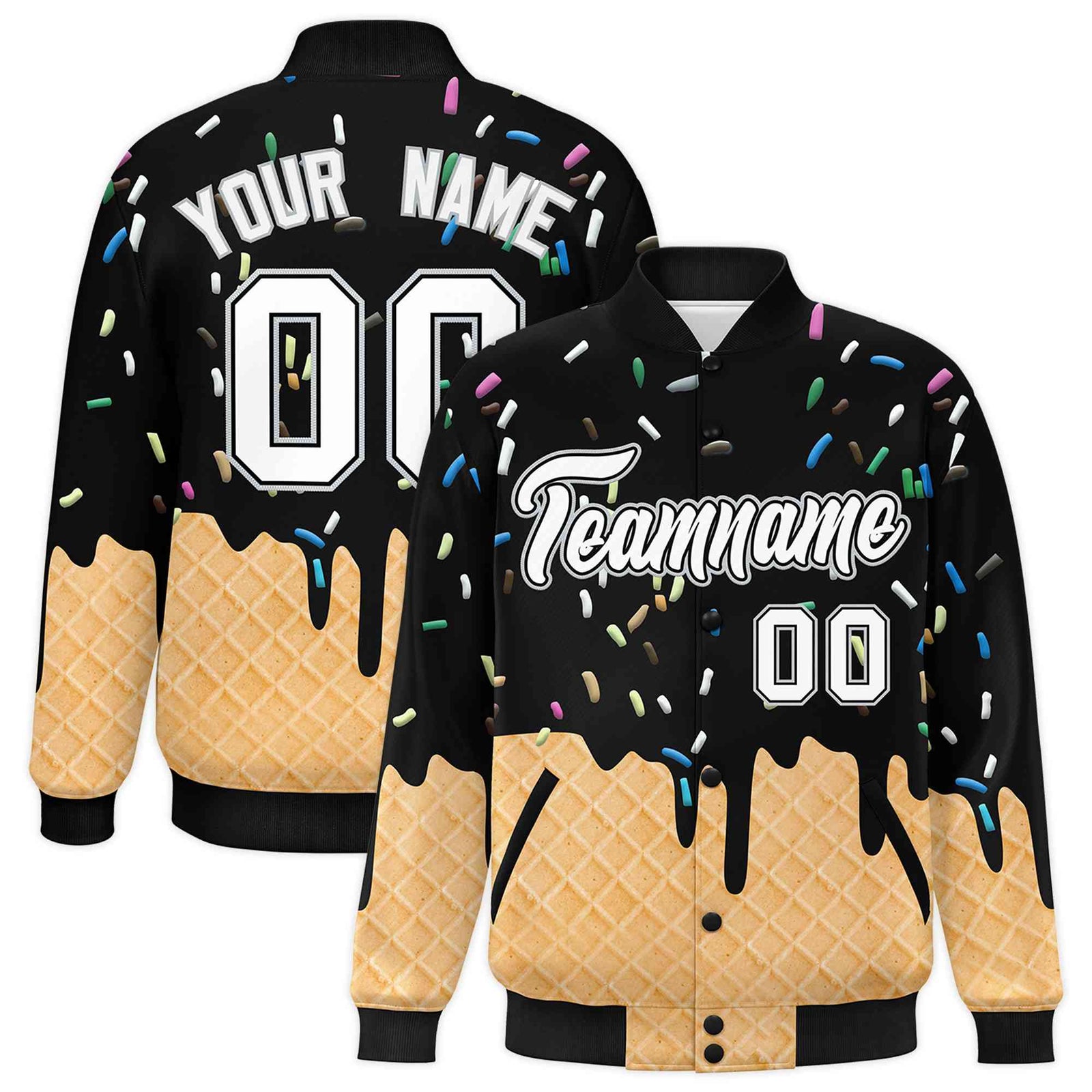Custom Black Ice Cream Cone Graffiti Pattern Full-Snap Varsity Letterman Jackets