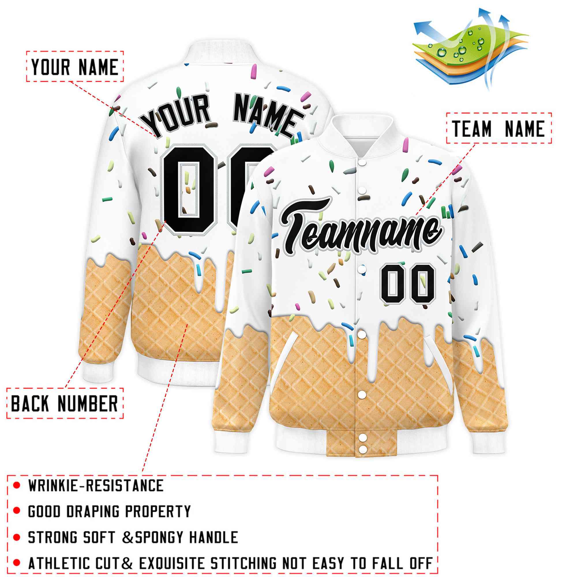 Custom White Ice Cream Cone Graffiti Pattern Full-Snap Varsity Letterman Jackets