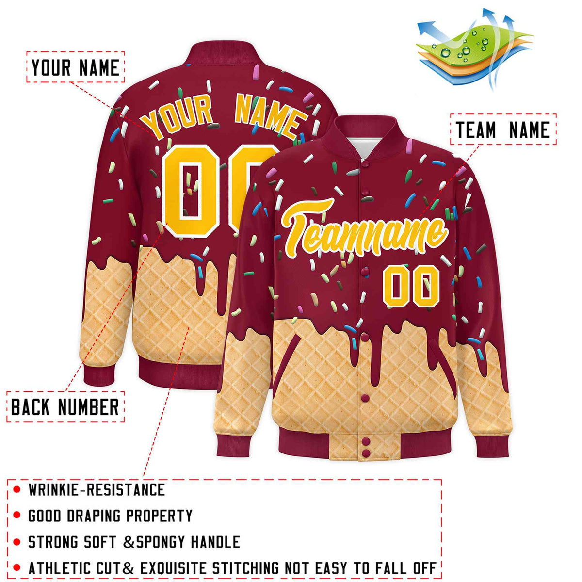 Custom Crimson Ice Cream Cone Graffiti Pattern Full-Snap Varsity Letterman Jackets