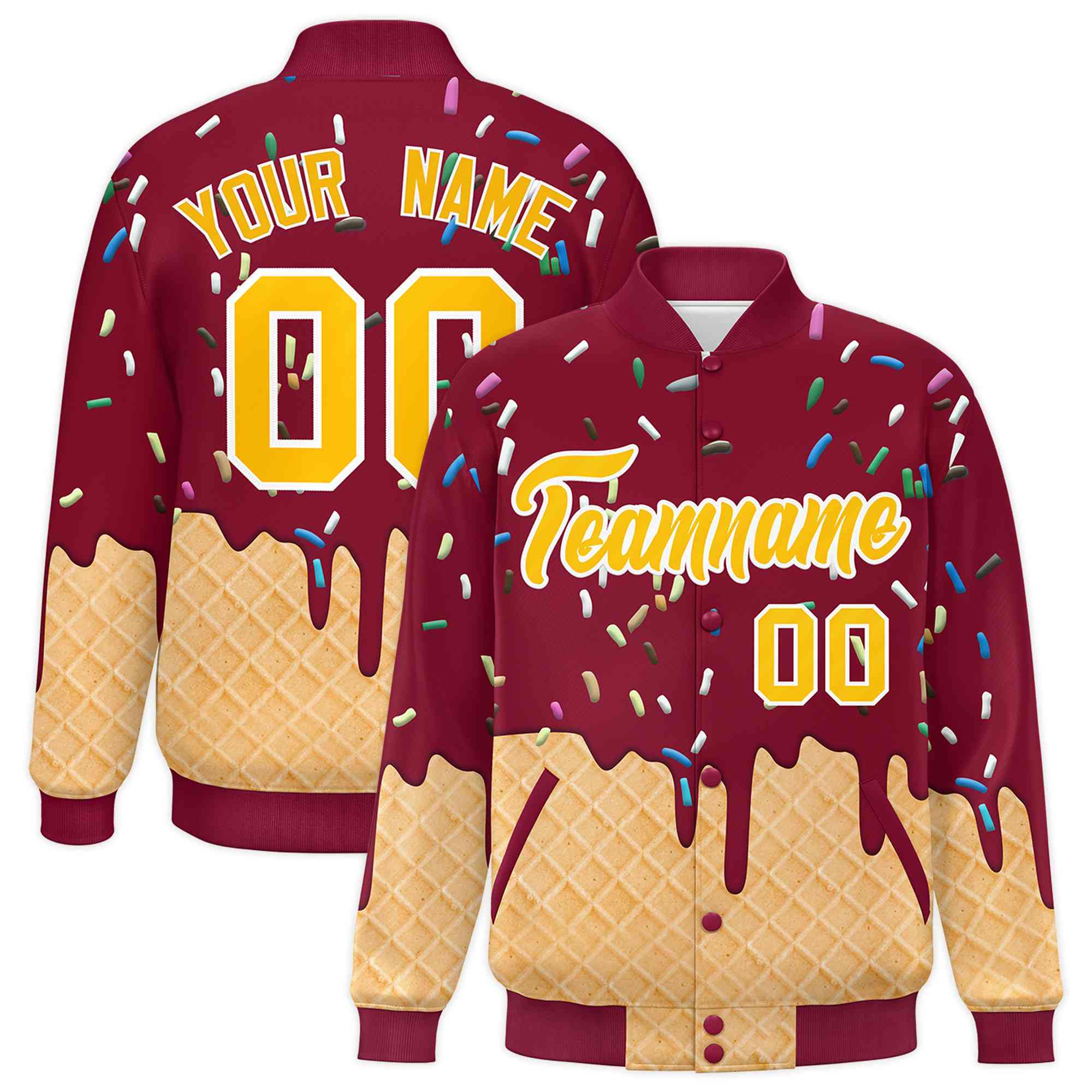 Custom Crimson Ice Cream Cone Graffiti Pattern Full-Snap Varsity Letterman Jackets