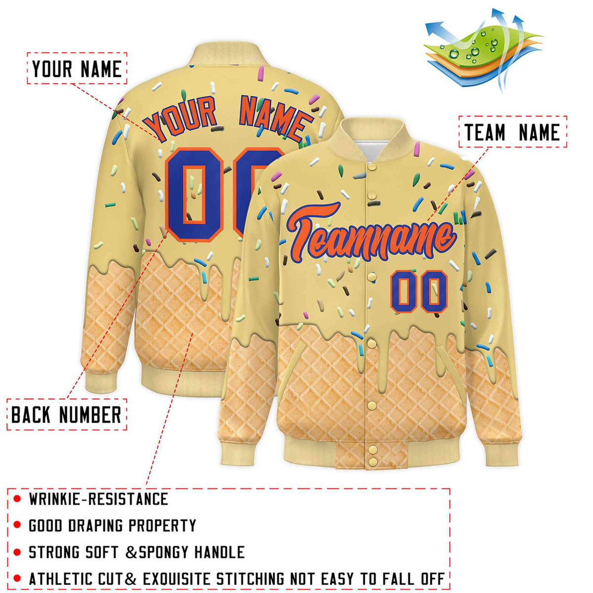 Custom Khaki Ice Cream Cone Graffiti Pattern Full-Snap Varsity Letterman Jackets