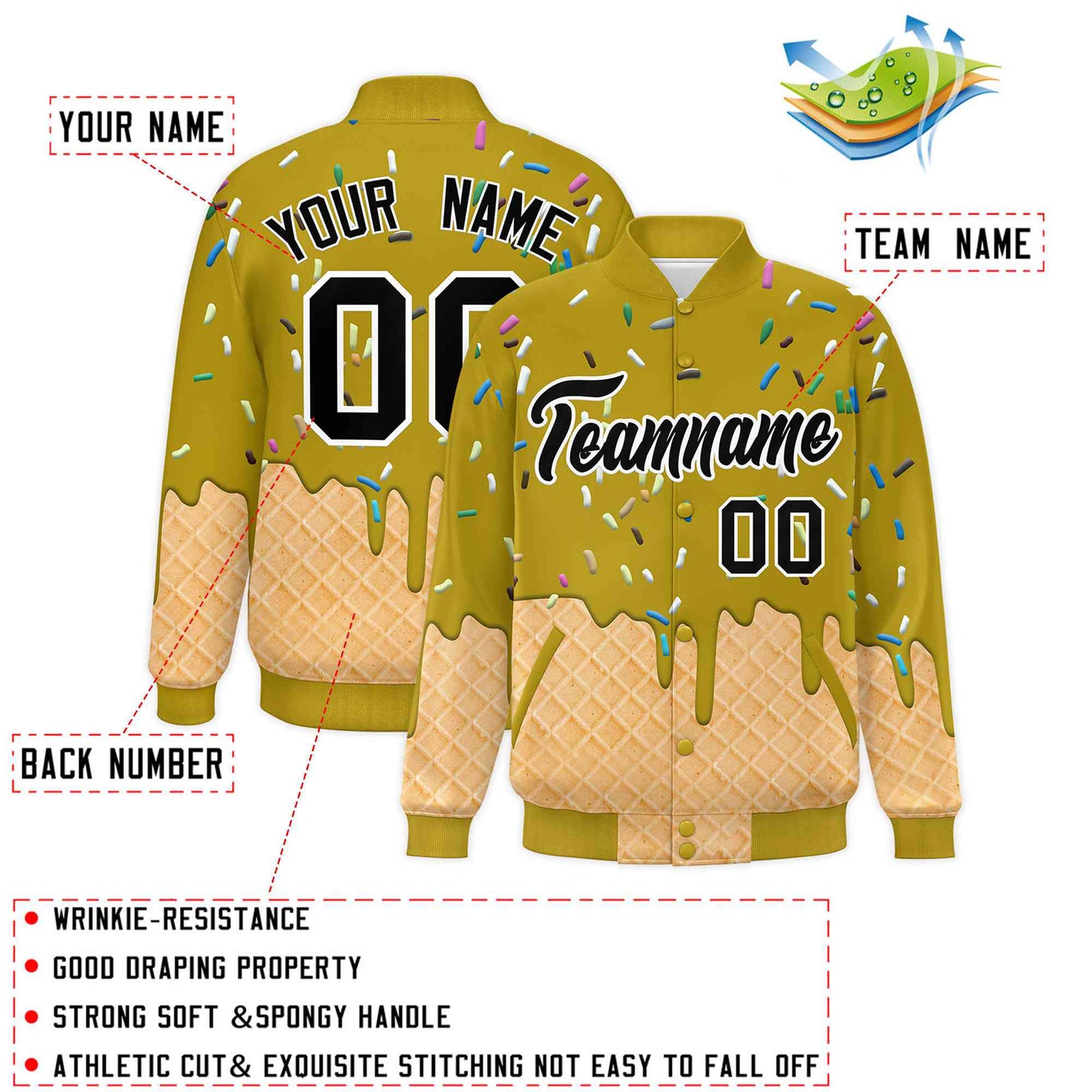 Custom Old Gold Ice Cream Cone Graffiti Pattern Full-Snap Varsity Letterman Jackets