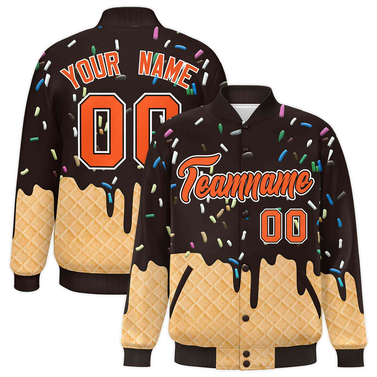 Custom Brown Ice Cream Cone Graffiti Pattern Full-Snap Varsity Letterman Jackets