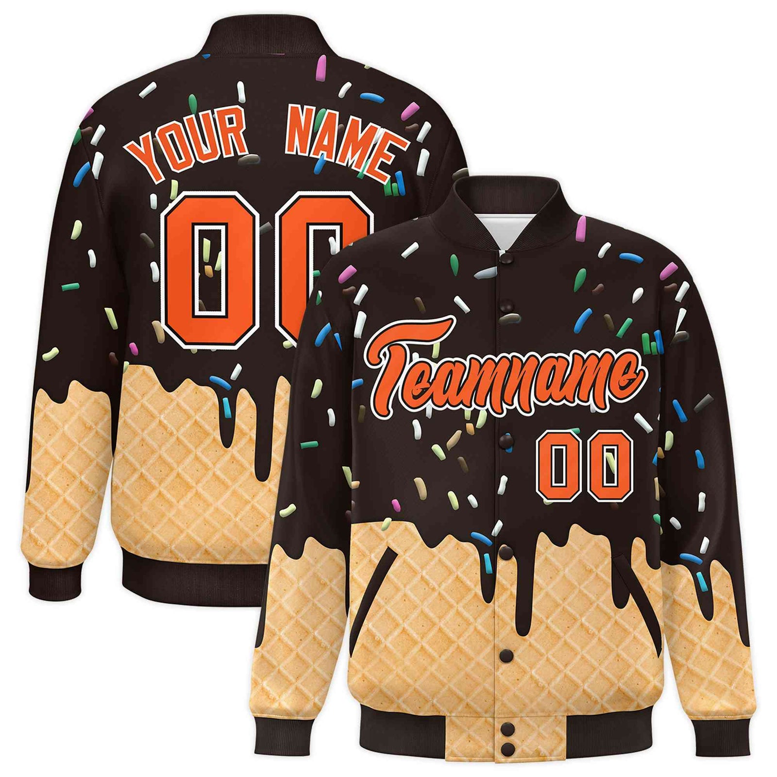 Custom Brown Ice Cream Cone Graffiti Pattern Full-Snap Varsity Letterman Jackets