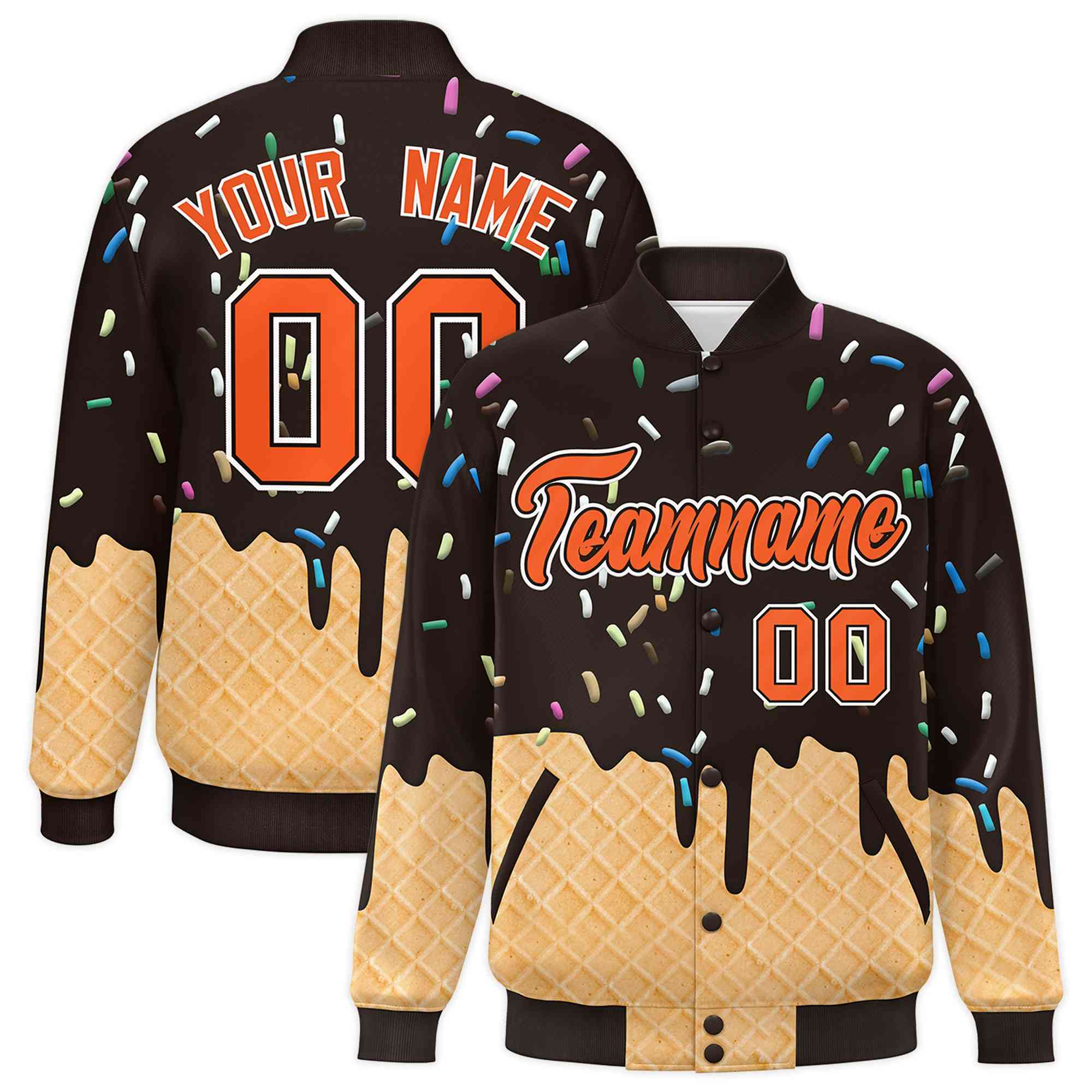Custom Brown Ice Cream Cone Graffiti Pattern Full-Snap Varsity Letterman Jackets