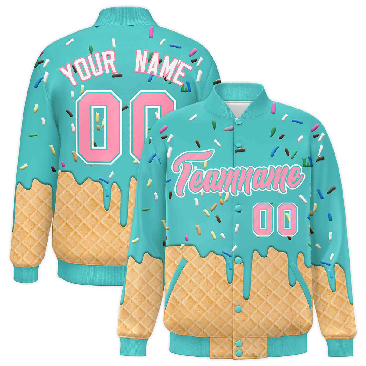 Custom Teal Ice Cream Cone Graffiti Pattern Full-Snap Varsity Letterman Jackets