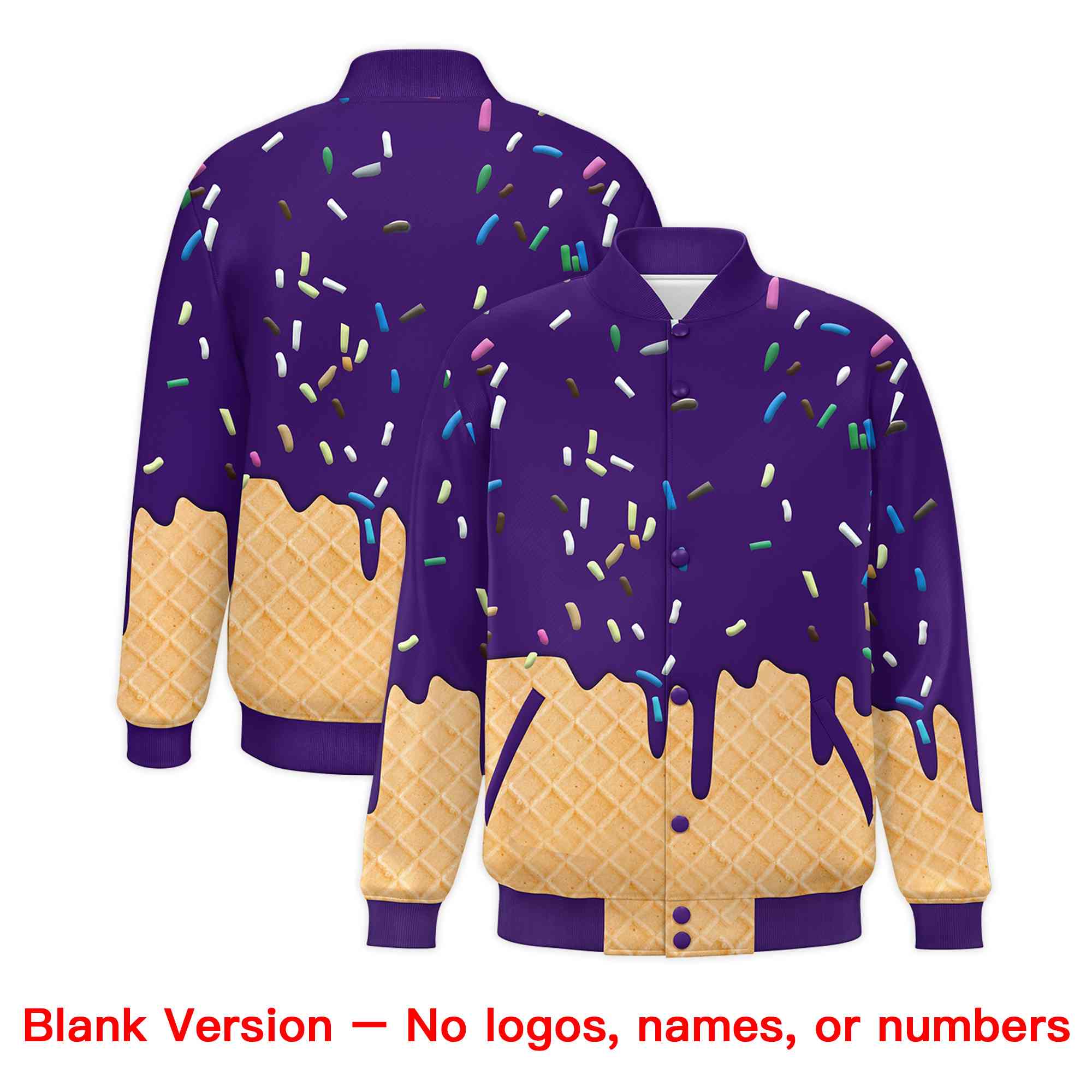 Custom Purple Ice Cream Cone Graffiti Pattern Full-Snap Varsity Letterman Jackets