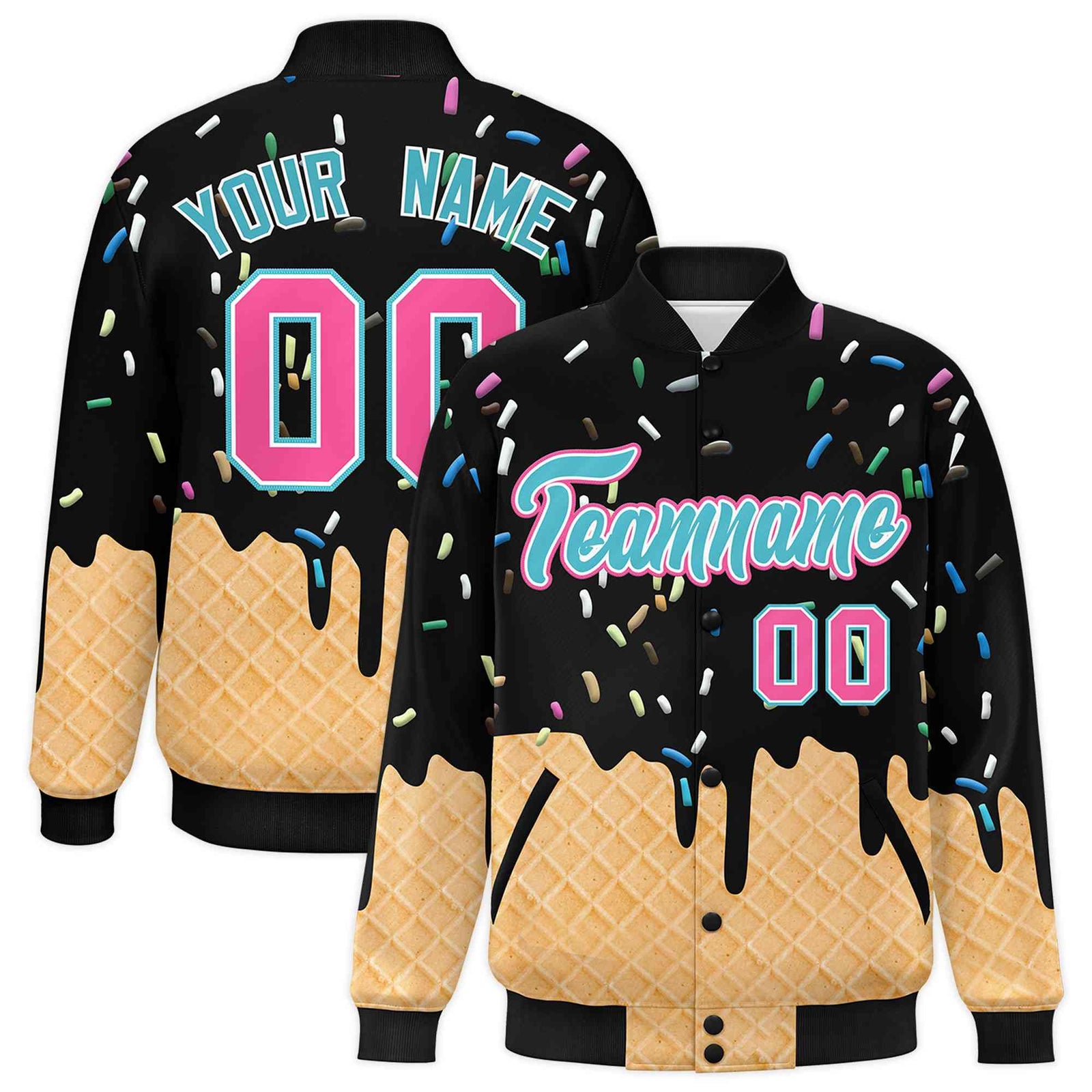 Custom Black Ice Cream Cone Graffiti Pattern Full-Snap Varsity Letterman Jackets