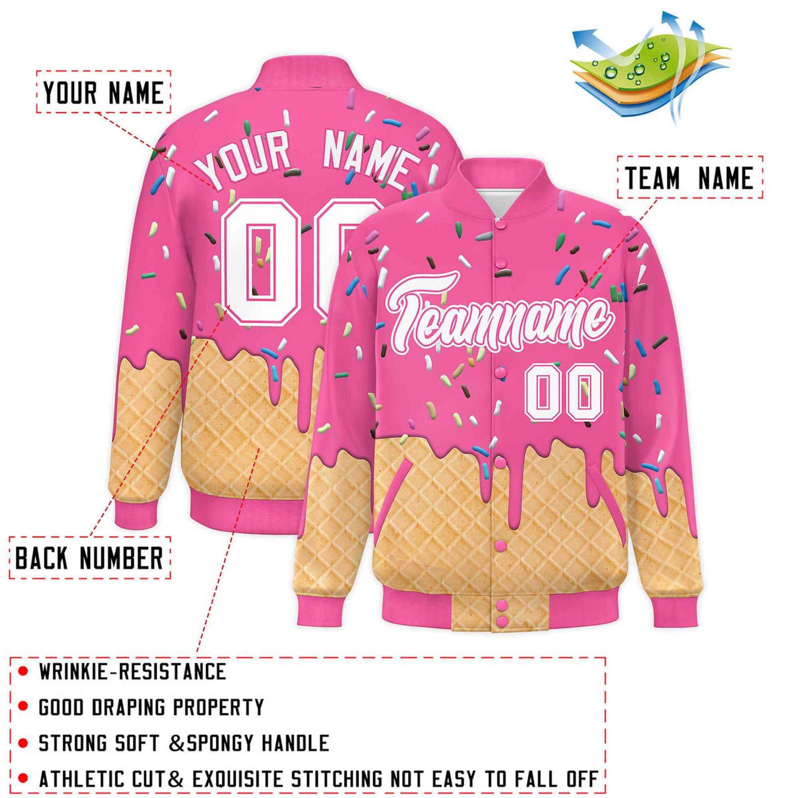 Custom Pink Ice Cream Cone Graffiti Pattern Full-Snap Varsity Letterman Jackets