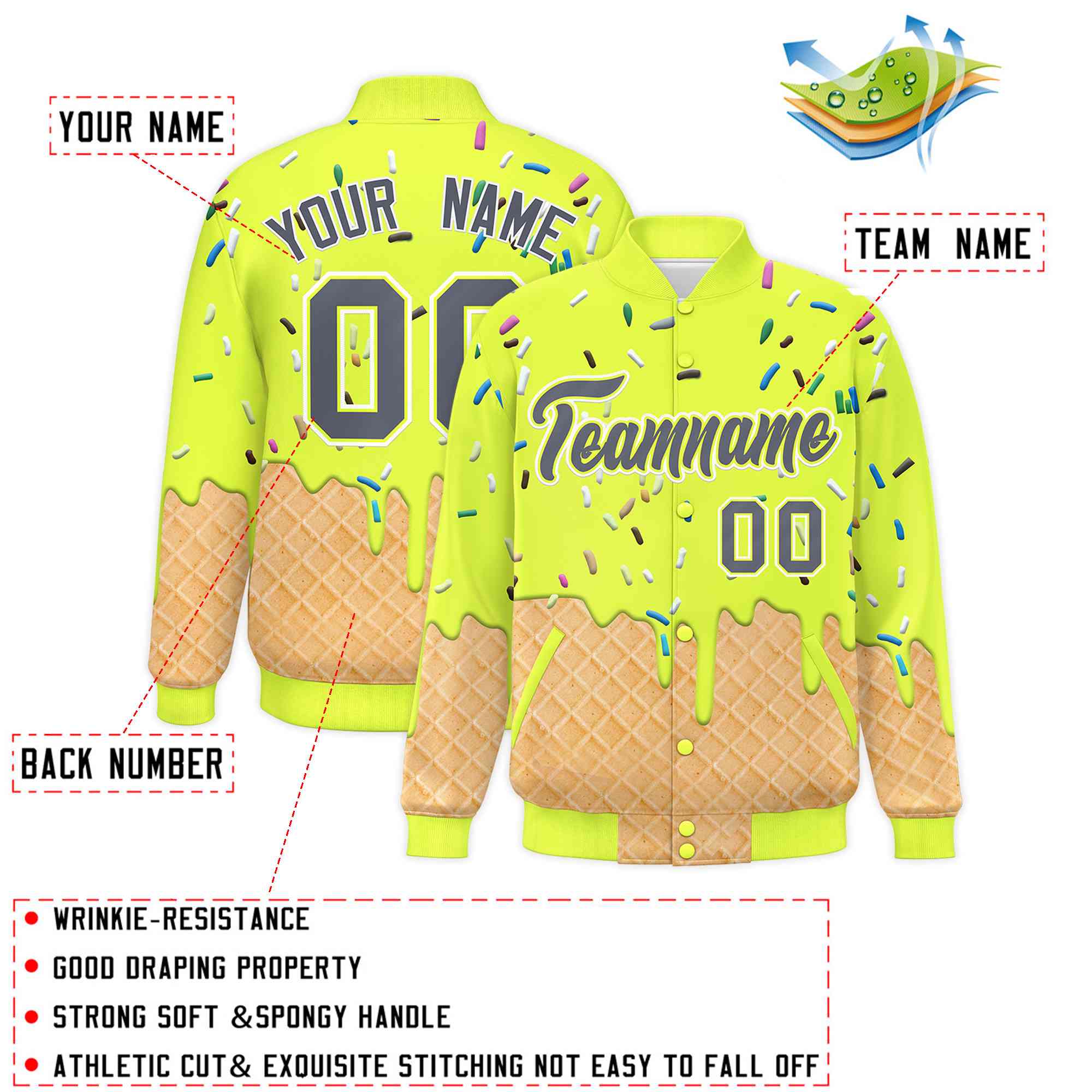Custom Fluorescent Green Ice Cream Cone Graffiti Pattern Full-Snap Varsity Letterman Jackets