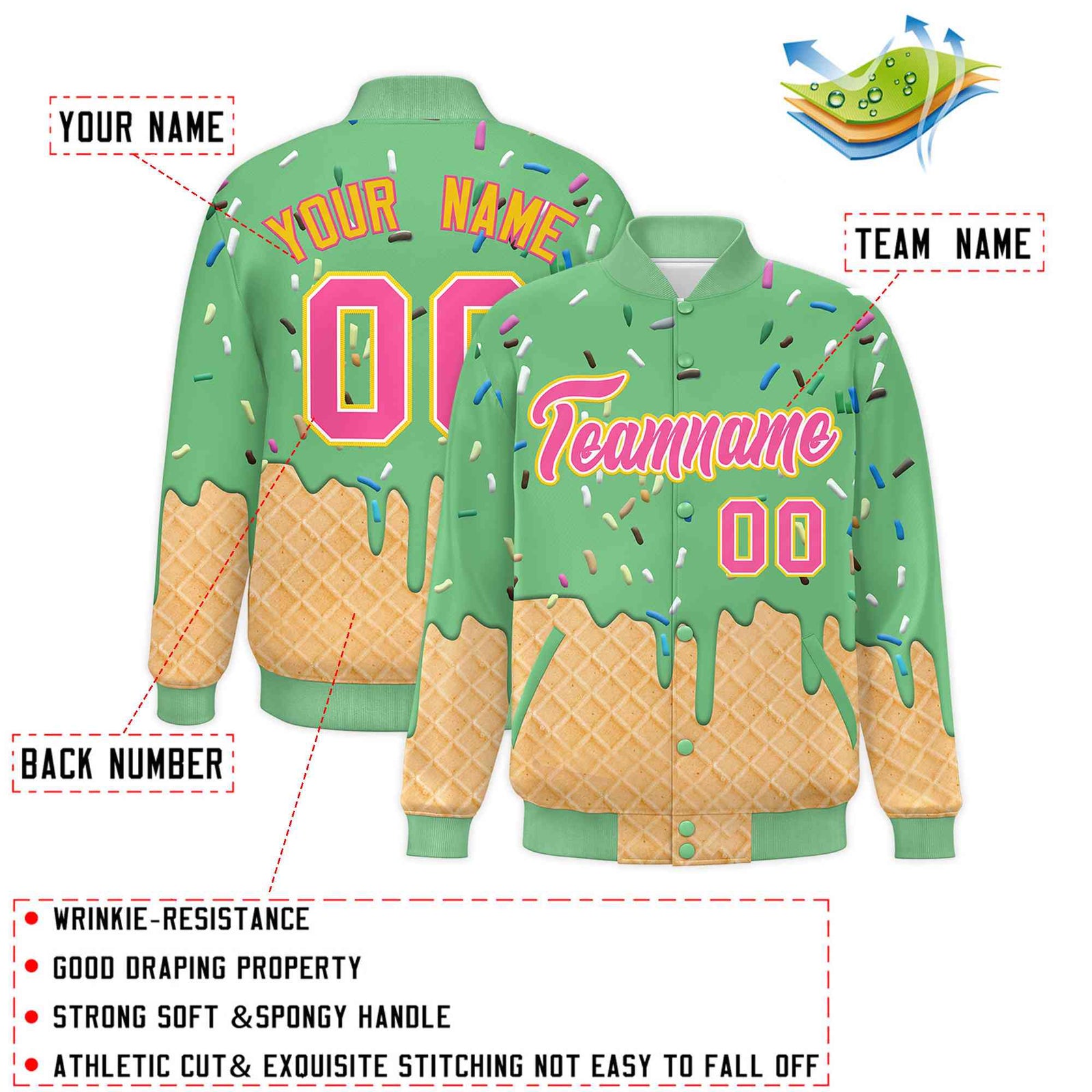 Custom Neon Green Ice Cream Cone Graffiti Pattern Full-Snap Varsity Letterman Jackets