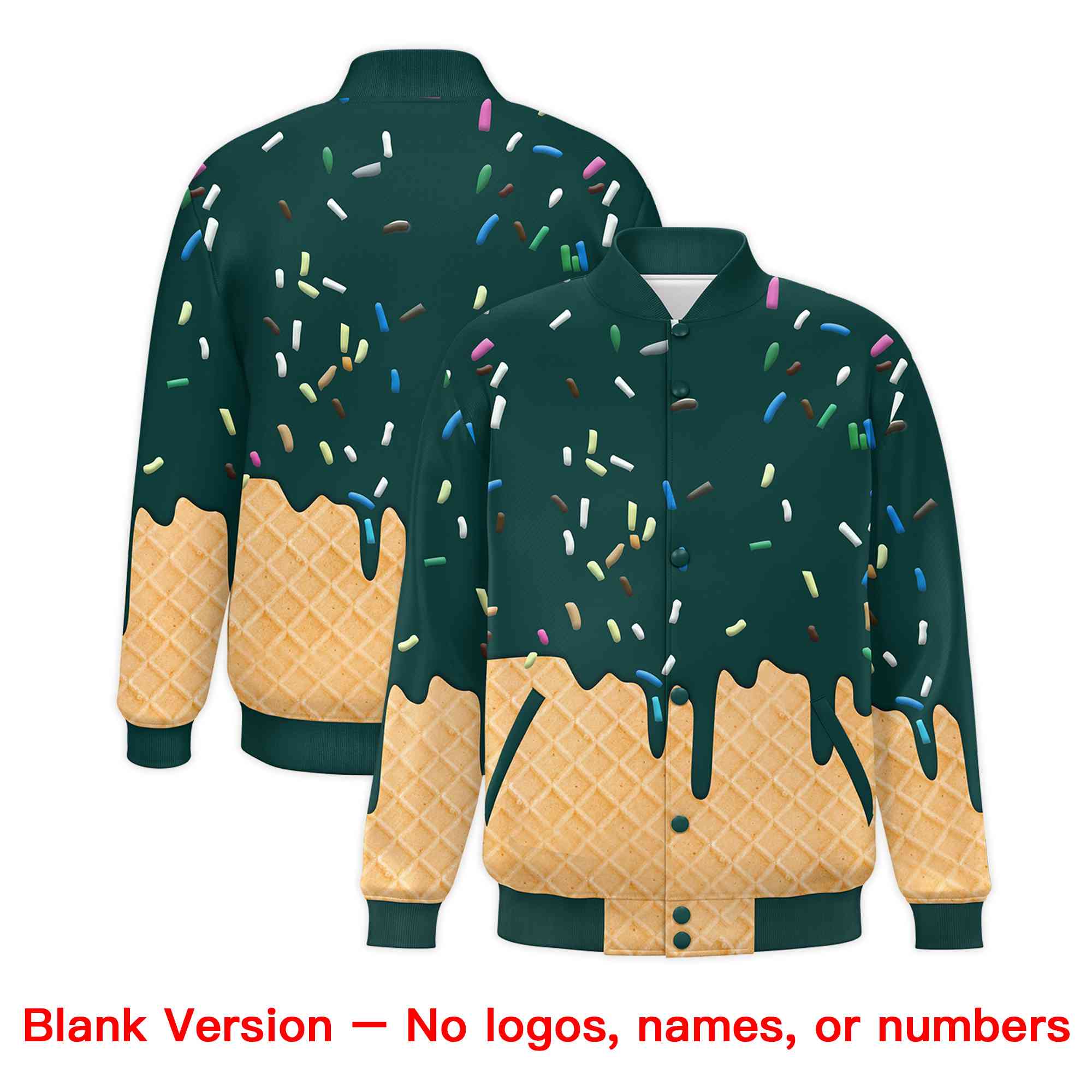Custom Midnight Green Ice Cream Cone Graffiti Pattern Full-Snap Varsity Letterman Jackets
