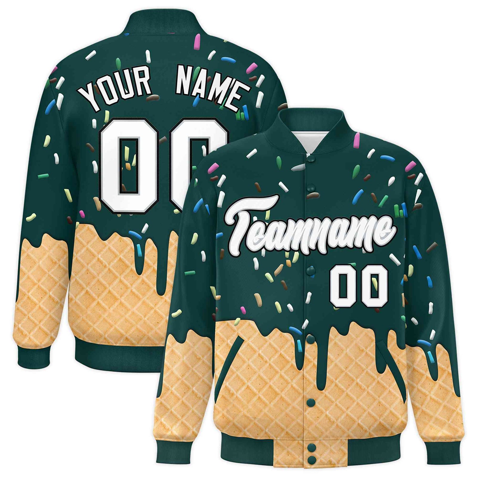Custom Midnight Green Ice Cream Cone Graffiti Pattern Full-Snap Varsity Letterman Jackets