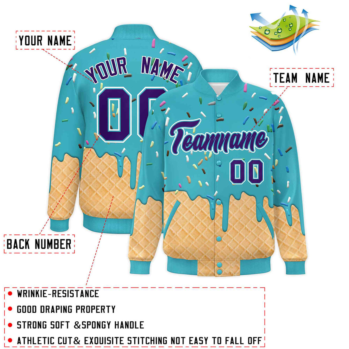 Custom Sky Blue Ice Cream Cone Graffiti Pattern Full-Snap Varsity Letterman Jackets