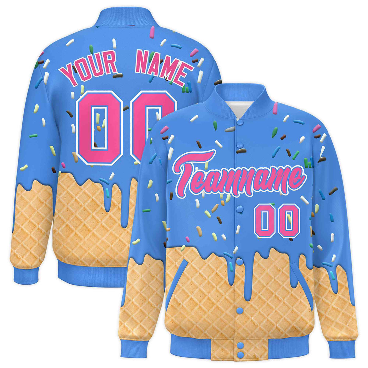 Custom Powder Blue Ice Cream Cone Graffiti Pattern Full-Snap Varsity Letterman Jackets