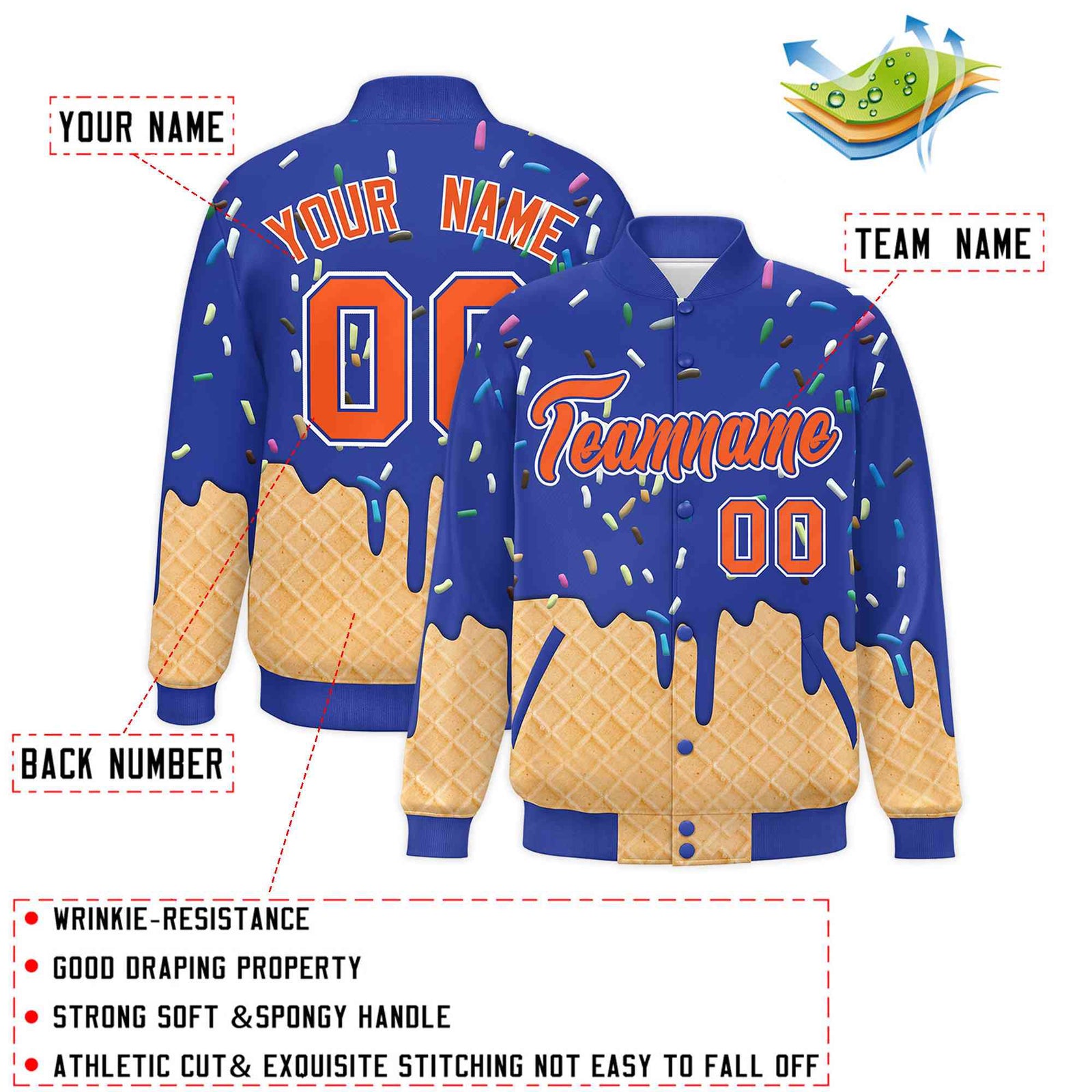 Custom Royal Blue Ice Cream Cone Graffiti Pattern Full-Snap Varsity Letterman Jackets