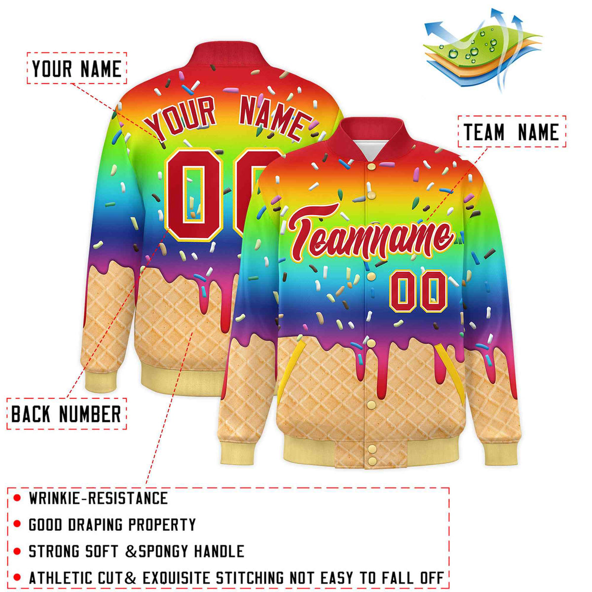 Custom Rainbow Ice Cream Cone Graffiti Pattern Full-Snap Varsity Letterman Jackets
