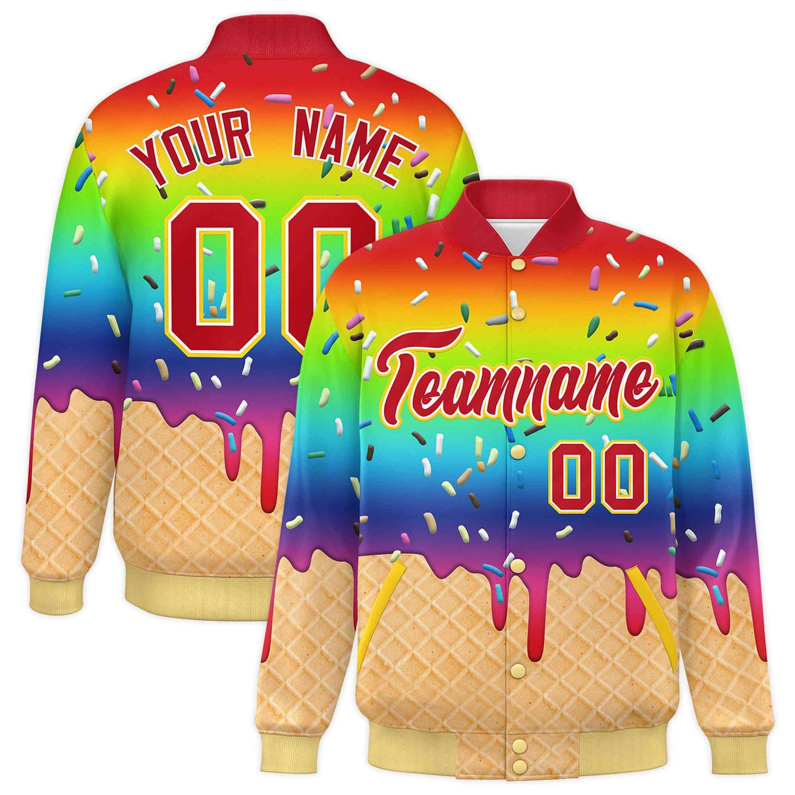 Custom Rainbow Ice Cream Cone Graffiti Pattern Full-Snap Varsity Letterman Jackets