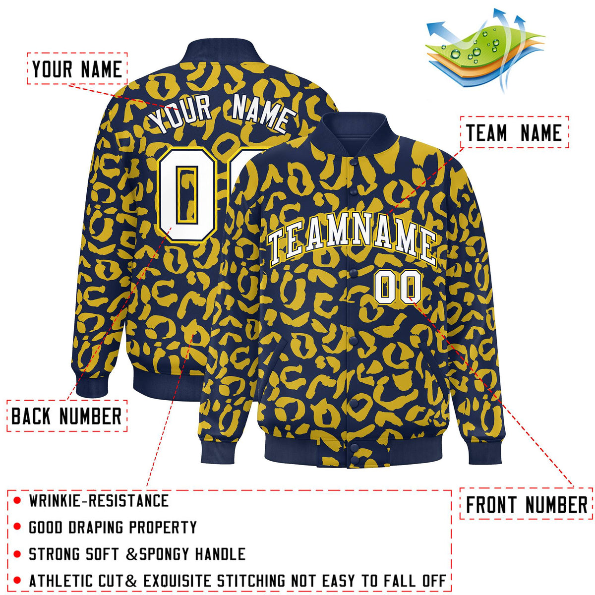 Custom Navy Gold Varsity Full-Snap Leopard Print Graffiti Pattern Letterman Baseball Jacket