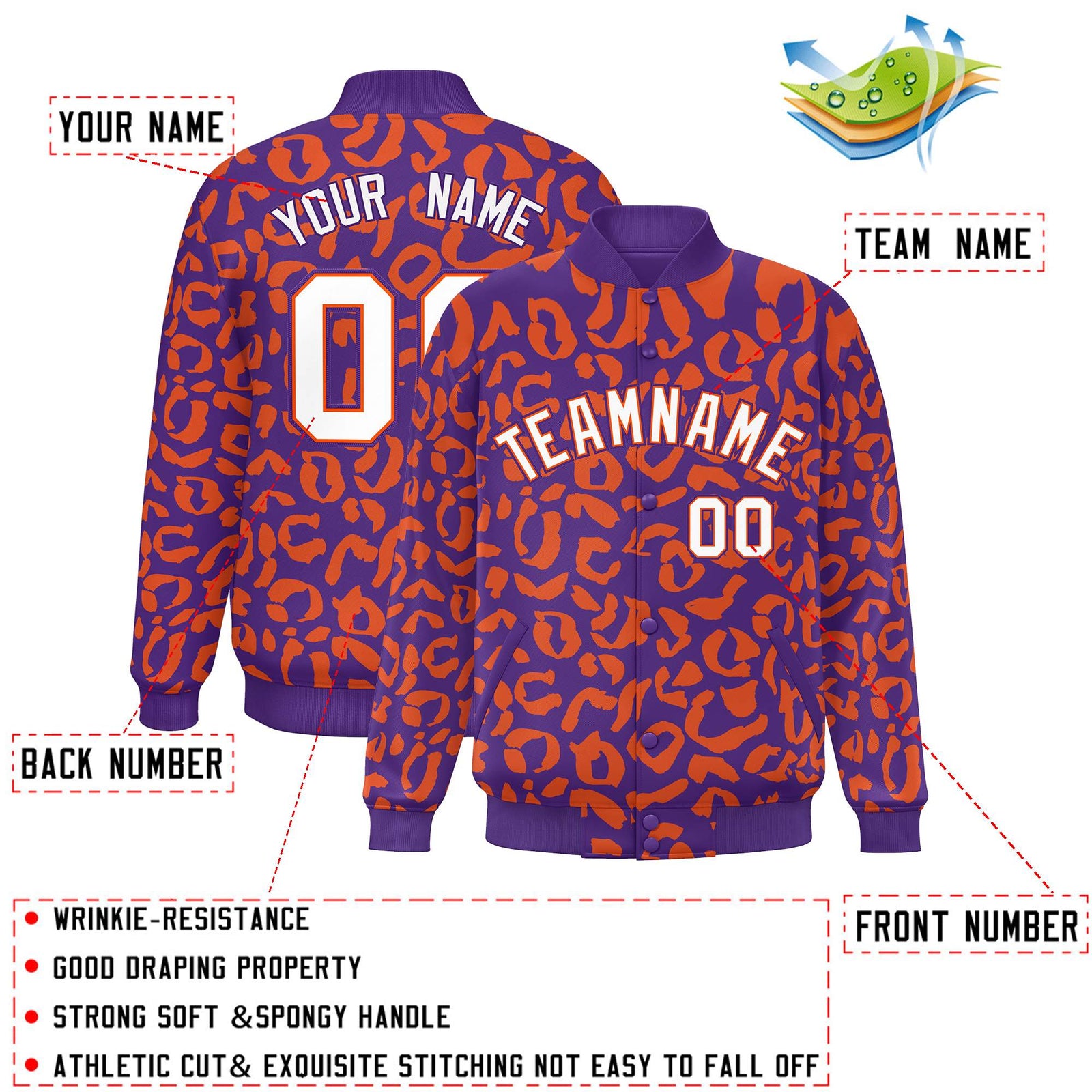 Custom Purple Orange Varsity Full-Snap Leopard Print Graffiti Pattern Letterman Baseball Jacket