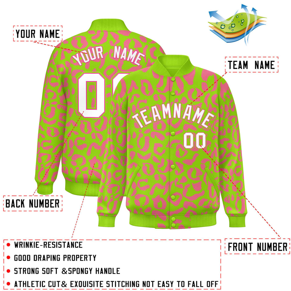 Custom Neon Green Pink Varsity Full-Snap Leopard Print Graffiti Pattern Letterman Baseball Jacket