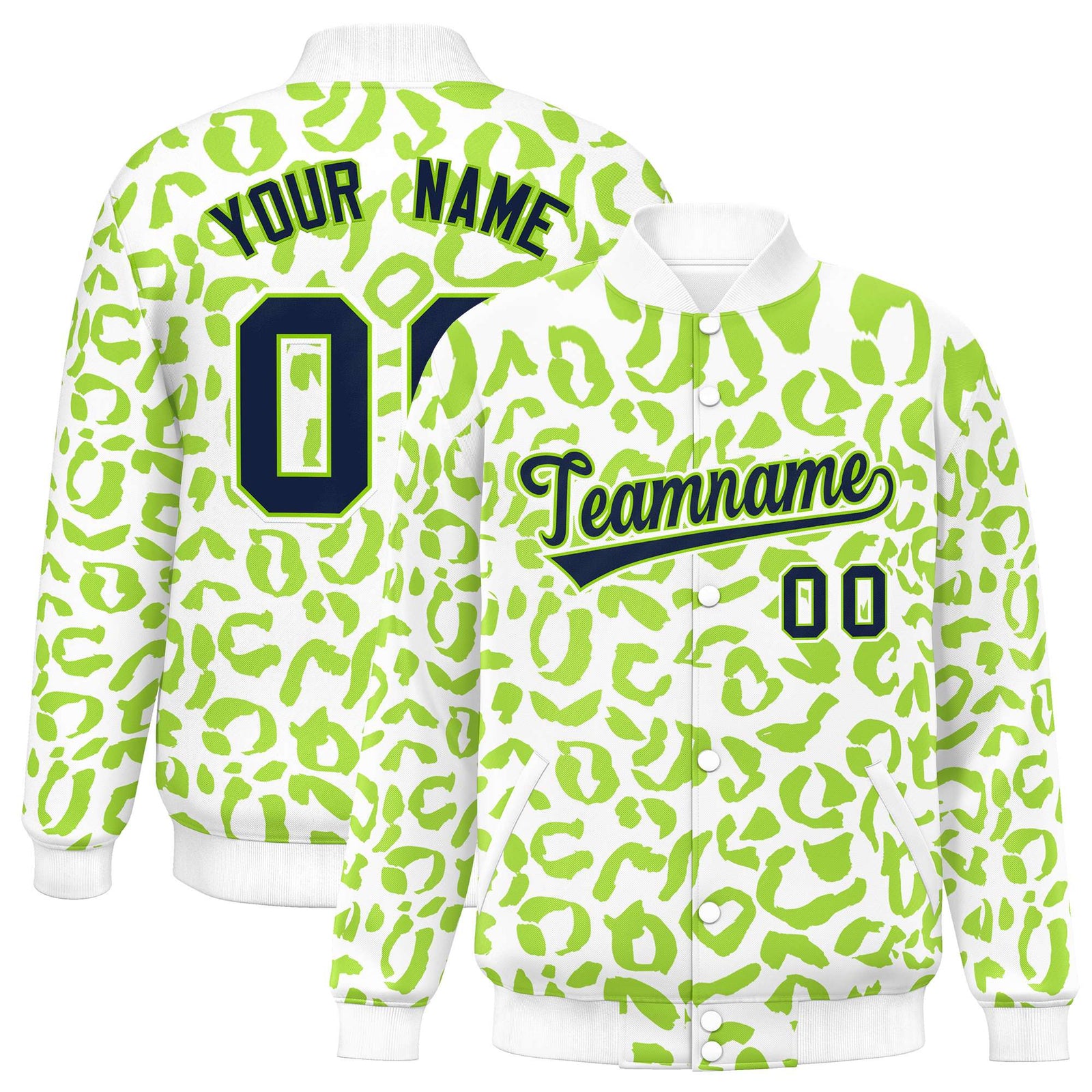 Custom White Neon Green Varsity Full-Snap Leopard Print Graffiti Pattern Letterman Baseball Jacket