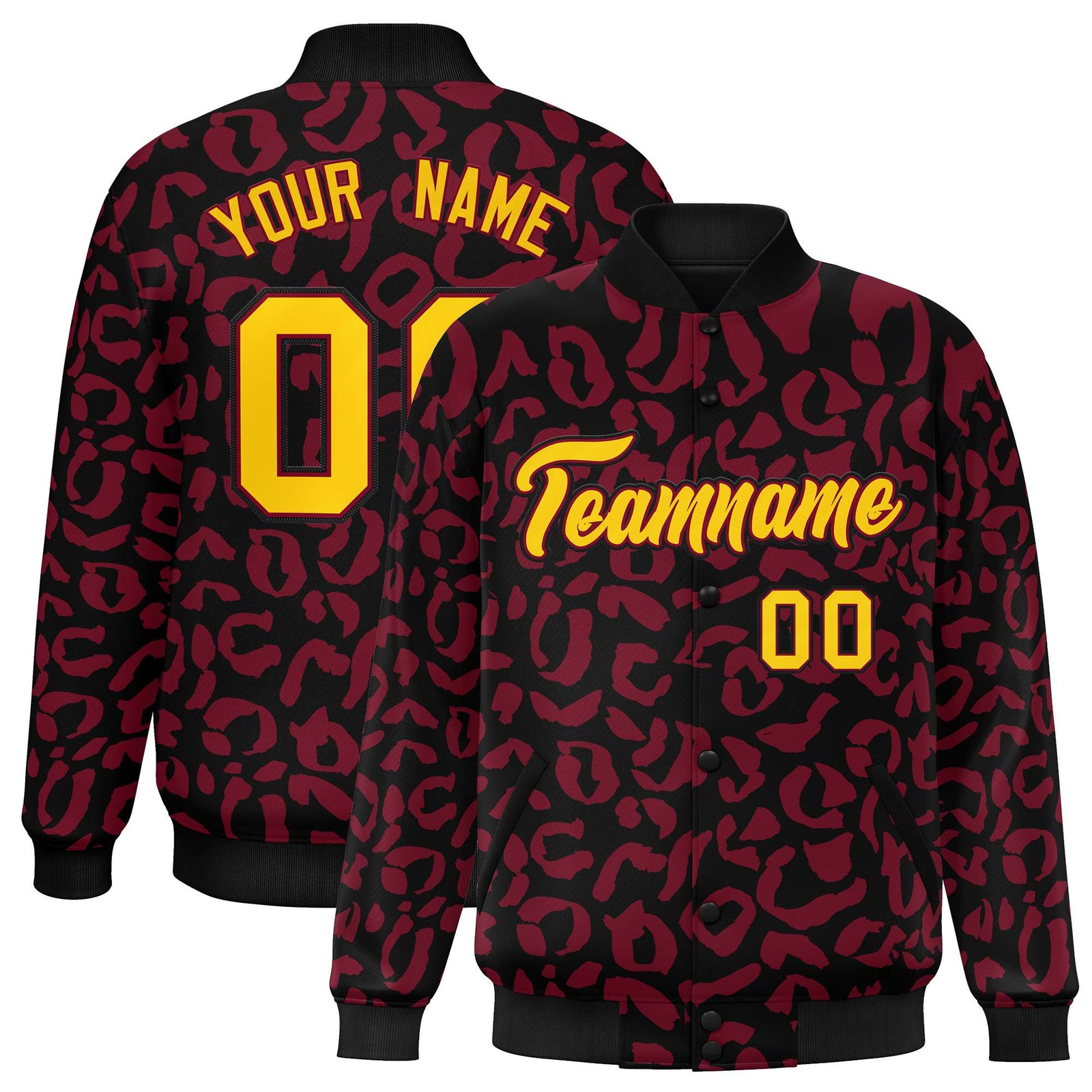 Custom Black Crimson Varsity Full-Snap Leopard Print Graffiti Pattern Letterman Baseball Jacket
