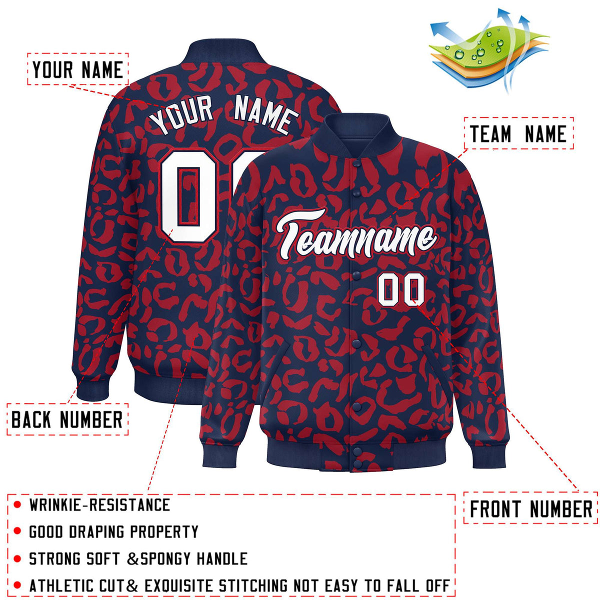 Custom Navy Red Varsity Full-Snap Leopard Print Graffiti Pattern Letterman Baseball Jacket