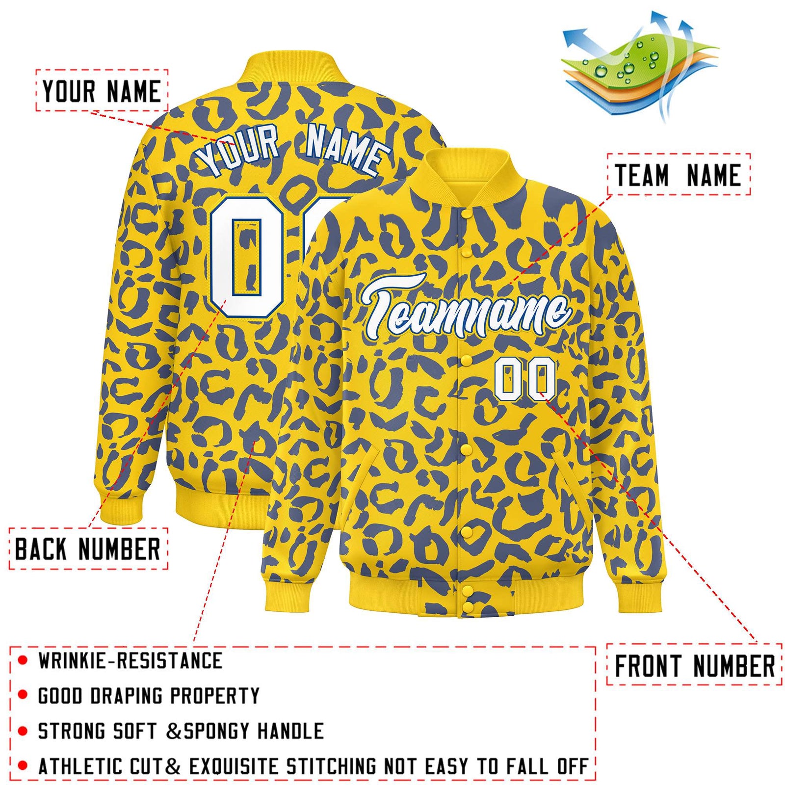 Custom Gold Royal Varsity Full-Snap Leopard Print Graffiti Pattern Letterman Baseball Jacket