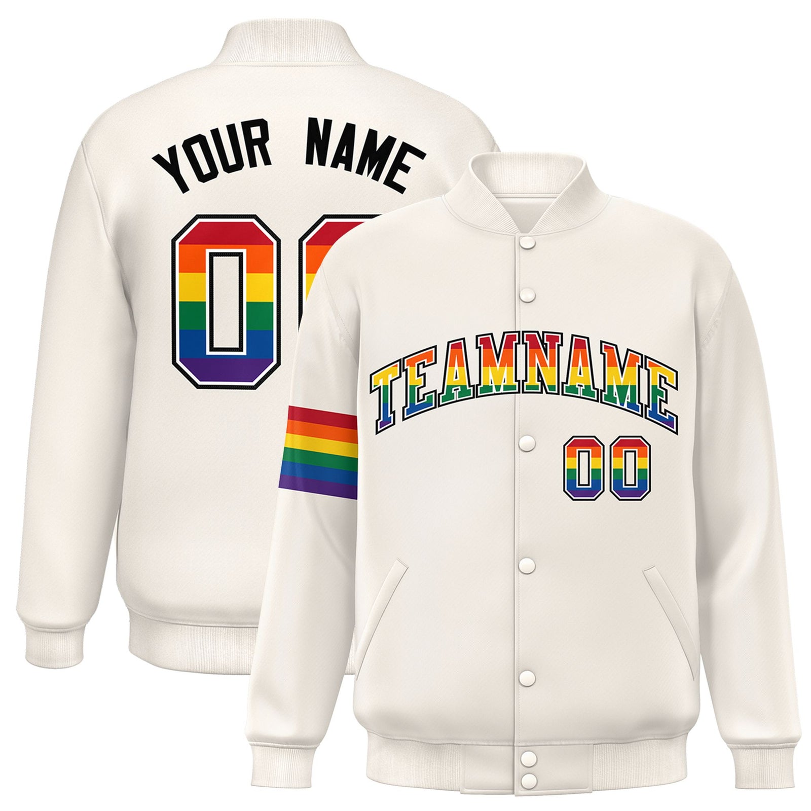 Custom Cream LGBT Rainbow For Pride Month Classic Style Letterman Baseball Jacket