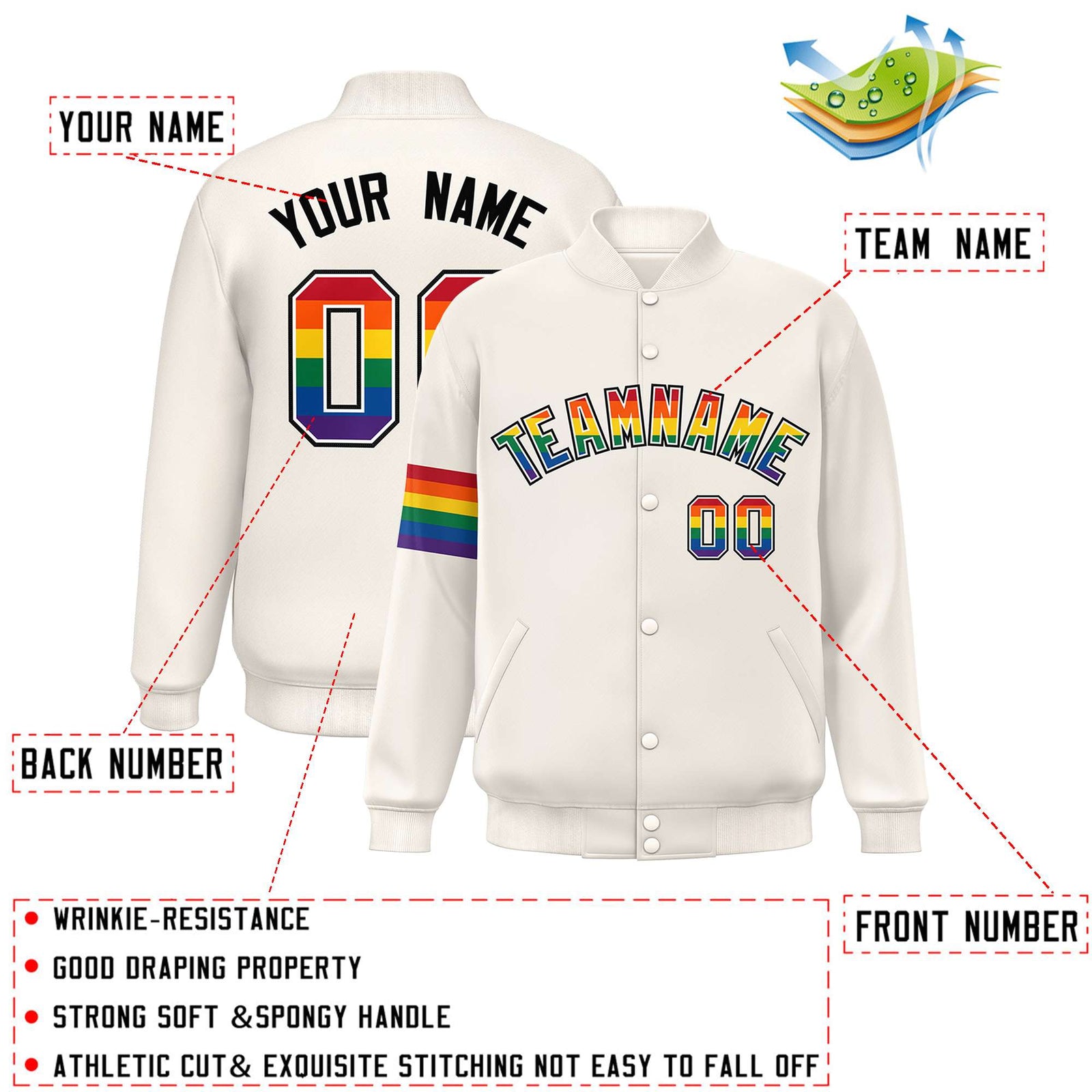 Custom Cream LGBT Rainbow For Pride Month Classic Style Letterman Baseball Jacket