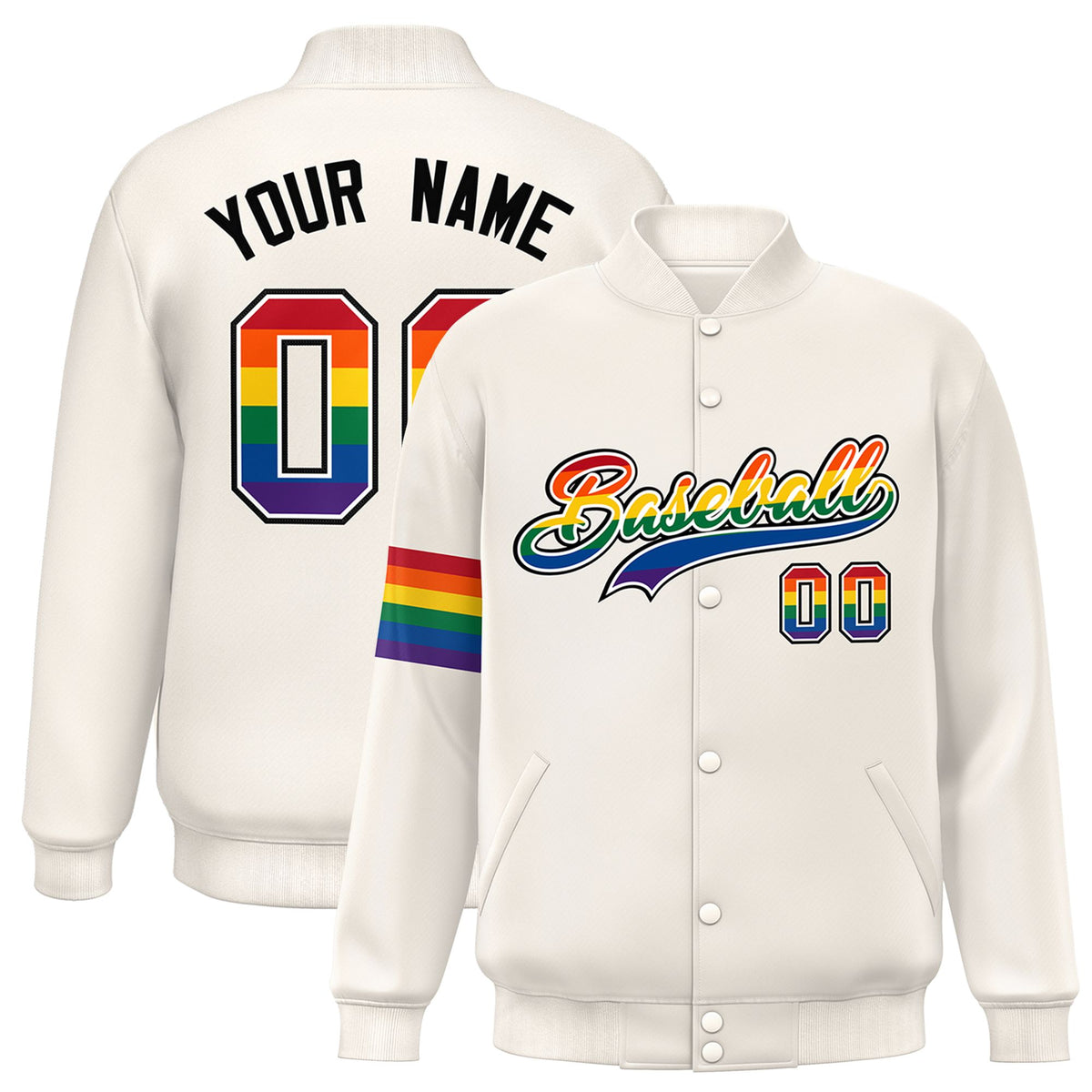 Custom Cream LGBT Rainbow For Pride Month Classic Style Letterman Baseball Jacket