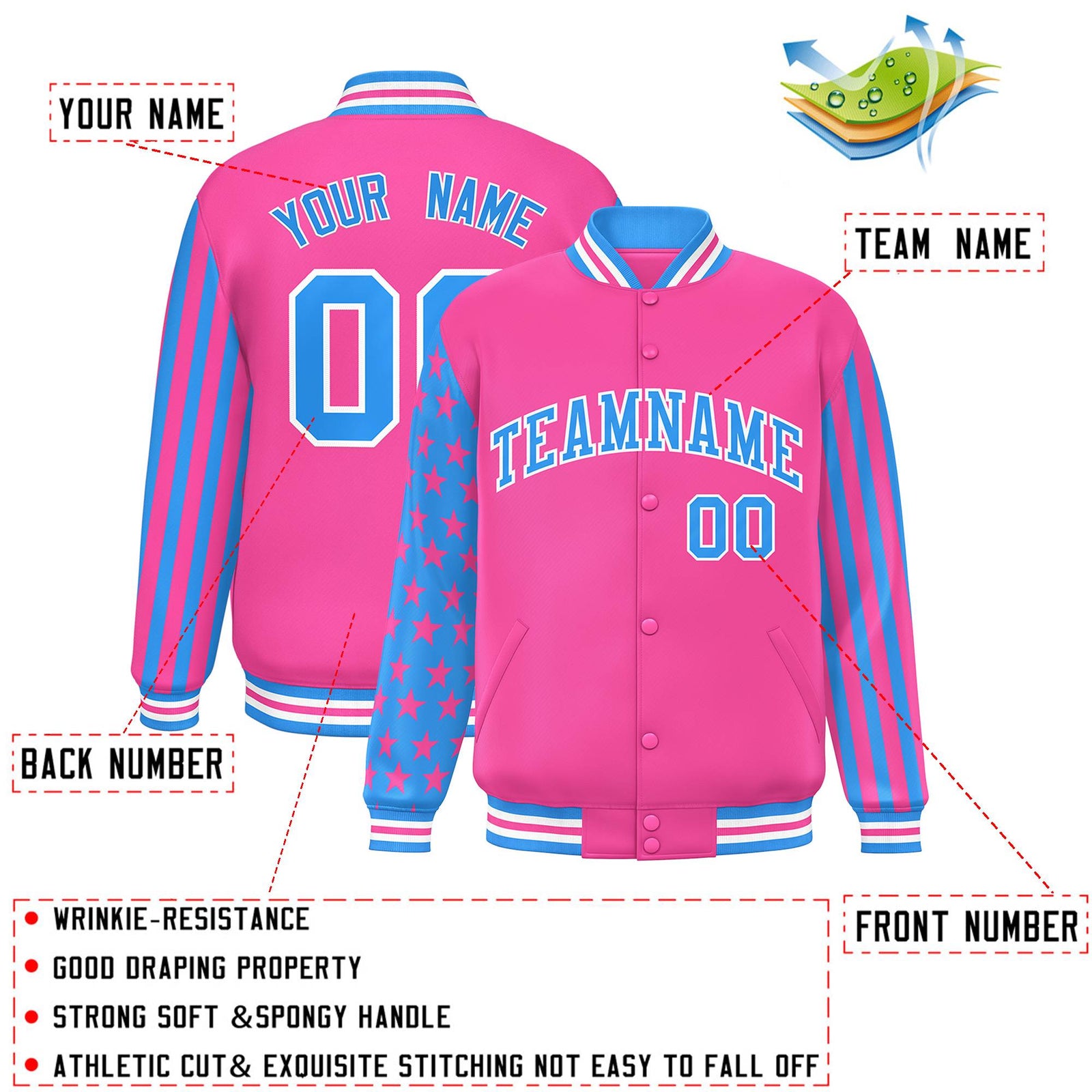Custom Pink Powder Blue American Flag Varsity Full-Snap Authentic Raglan Sleeves Letterman Bomber Jacket