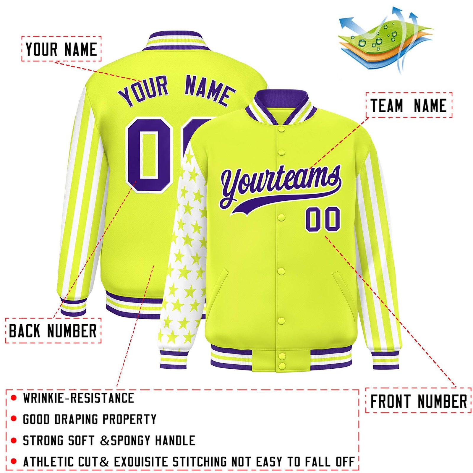 Custom Green American Flag Varsity Full-Snap Authentic Raglan Sleeves Letterman Bomber Jacket
