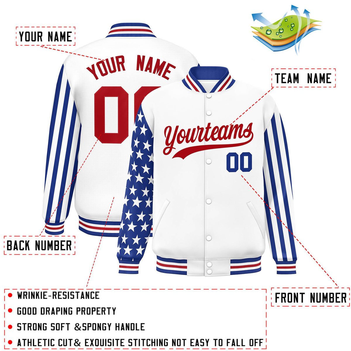 Custom White Royal American Flag Varsity Full-Snap Authentic Raglan Sleeves Letterman Bomber Jacket