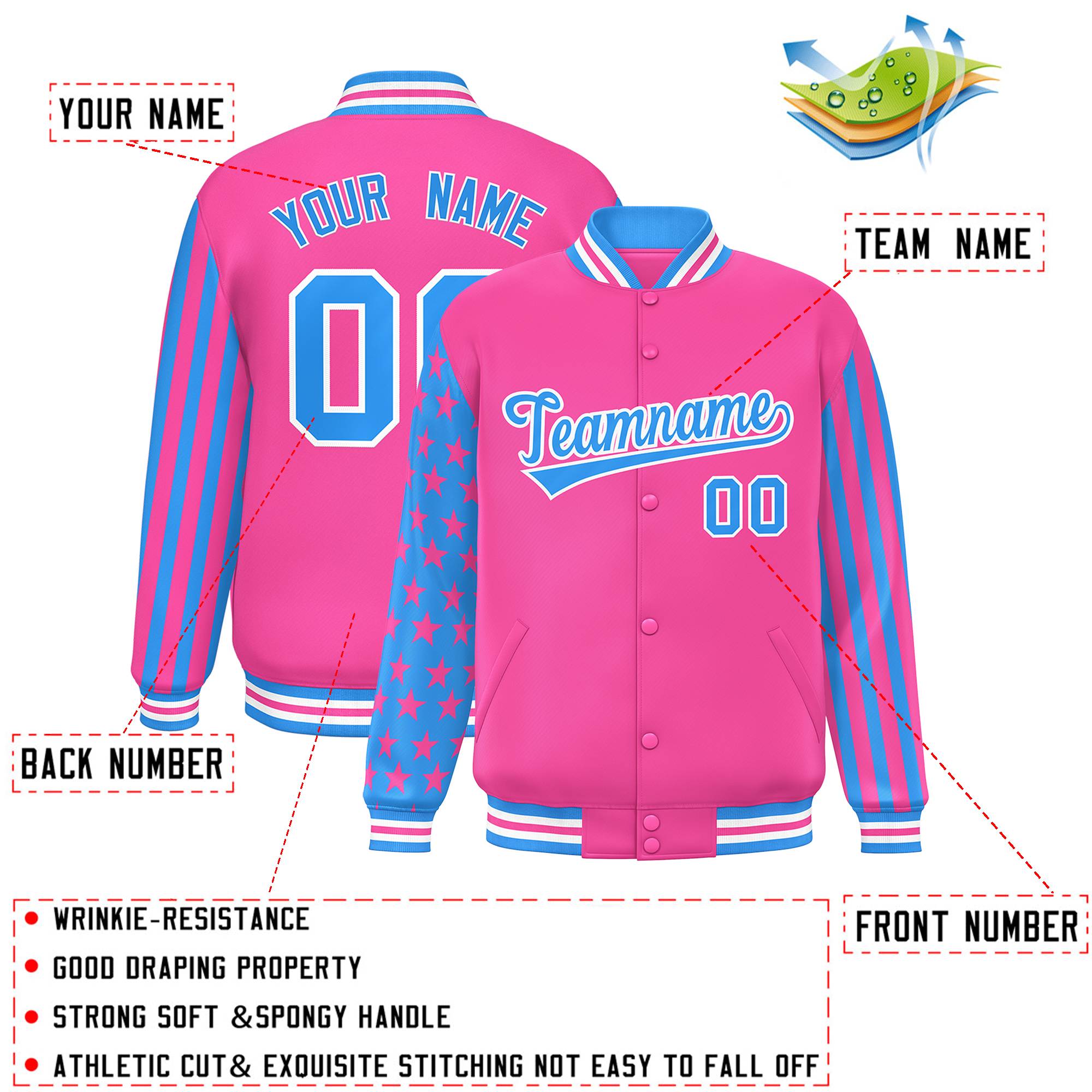Custom Pink Powder Blue American Flag Varsity Full-Snap Authentic Raglan Sleeves Letterman Bomber Jacket