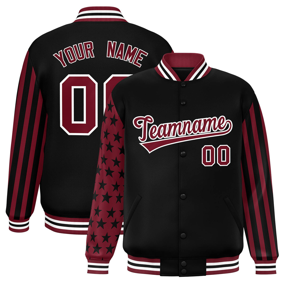 Custom Black Crimson American Flag Varsity Full-Snap Authentic Raglan Sleeves Letterman Bomber Jacket