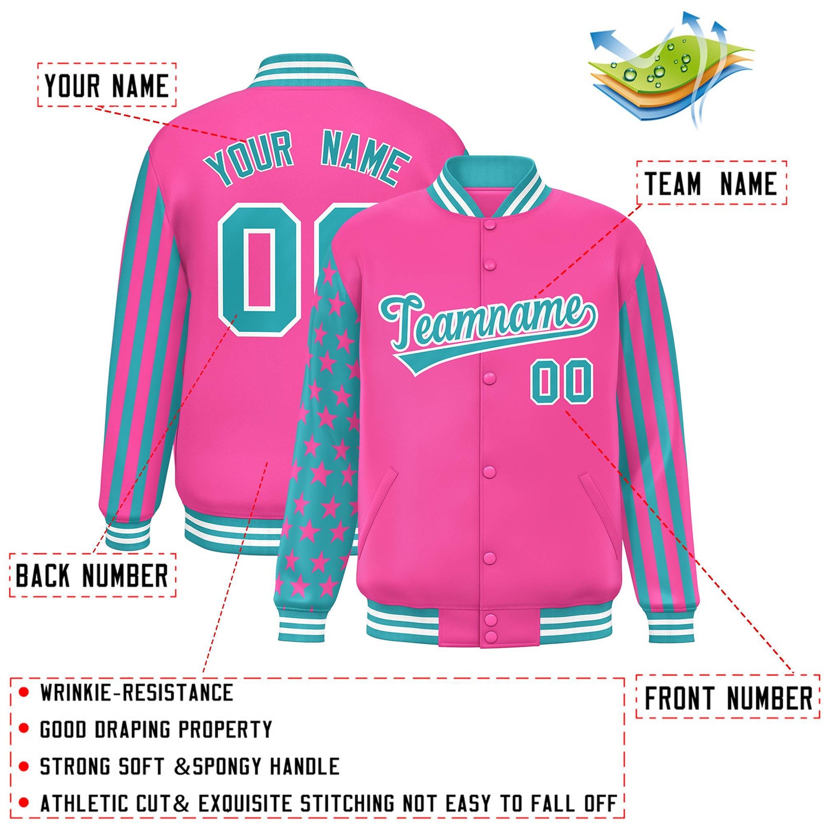 Custom Pink Aqua American Flag Varsity Full-Snap Authentic Raglan Sleeves Letterman Bomber Jacket