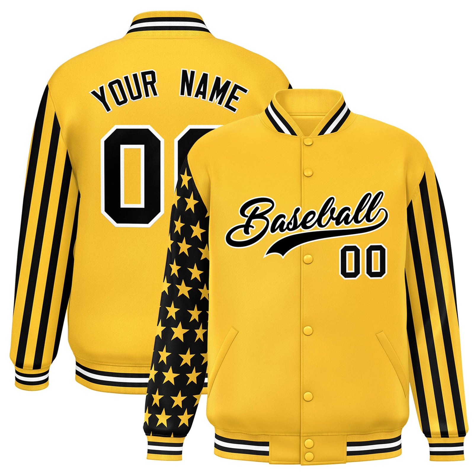 Custom Gold American Flag Varsity Full-Snap Authentic Raglan Sleeves Letterman Bomber Jacket