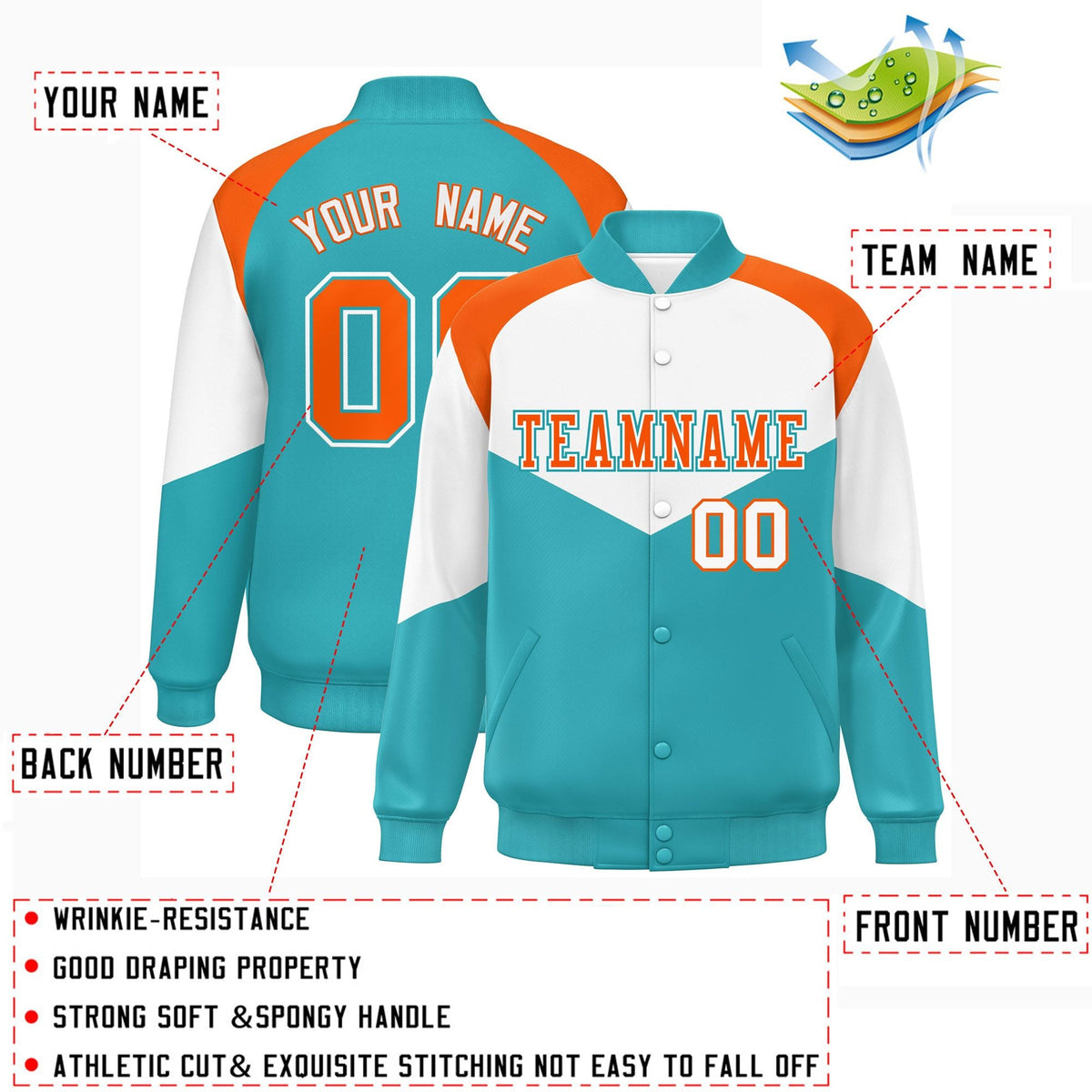 Custom White Aqua Varsity Full-Snap Color Block Letterman Jacket