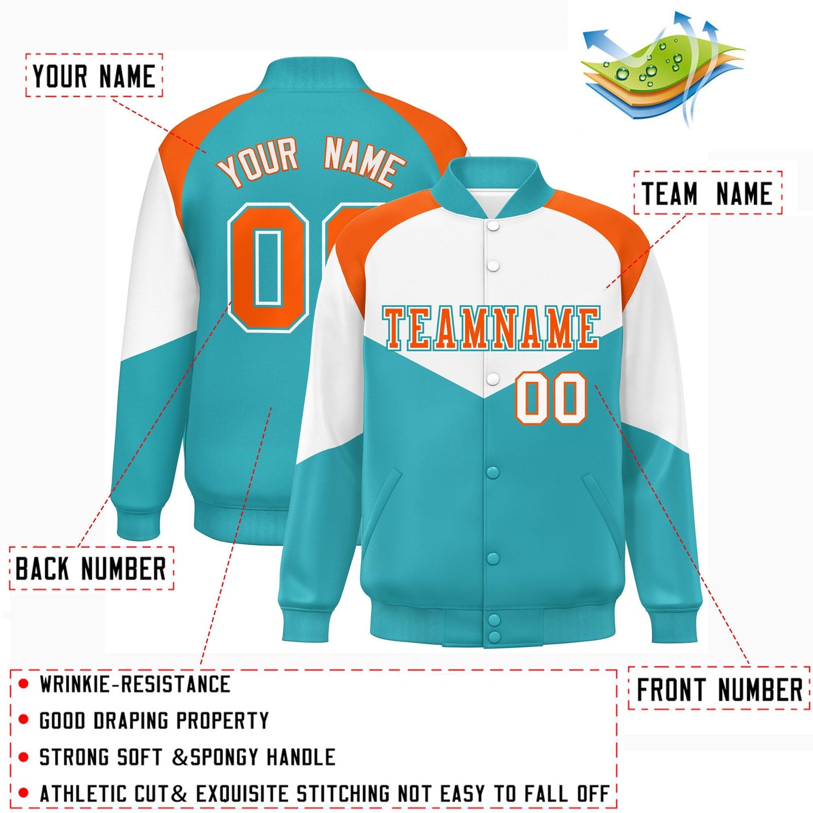 Custom White Aqua Varsity Full-Snap Color Block Letterman Jacket