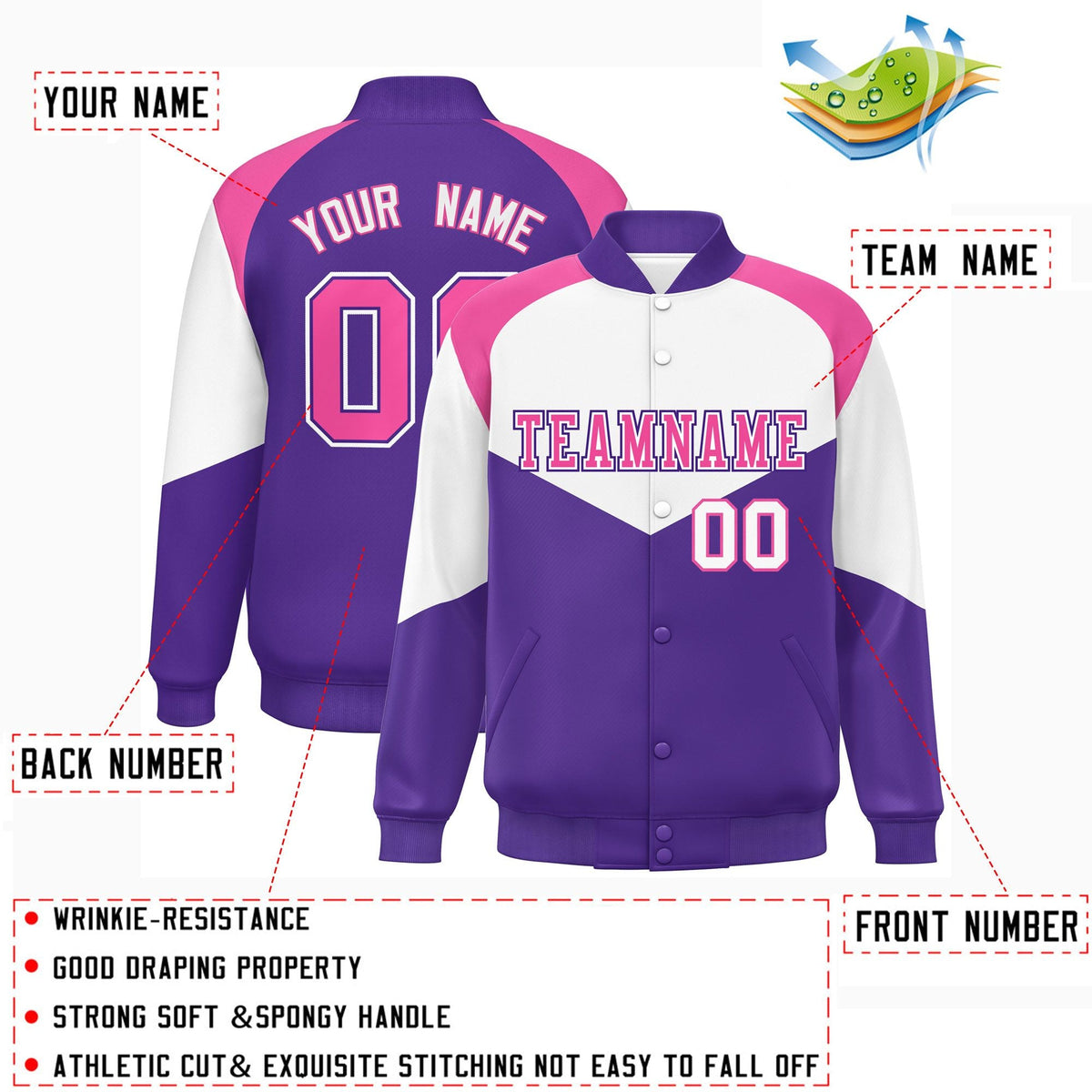 Custom White Purple Varsity Full-Snap Color Block Letterman Jacket