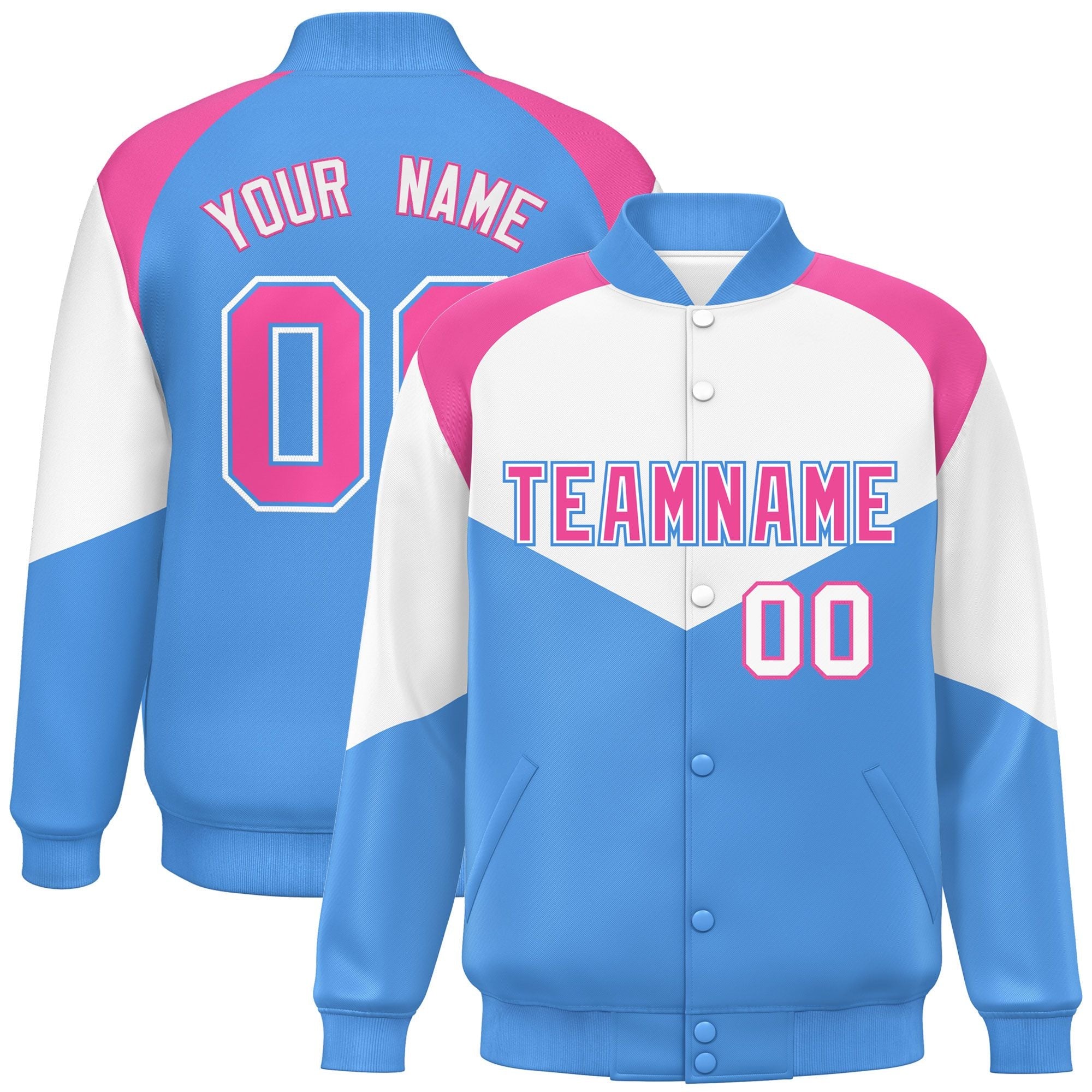 Custom White Powder Blue Varsity Full-Snap Color Block Letterman Jacket
