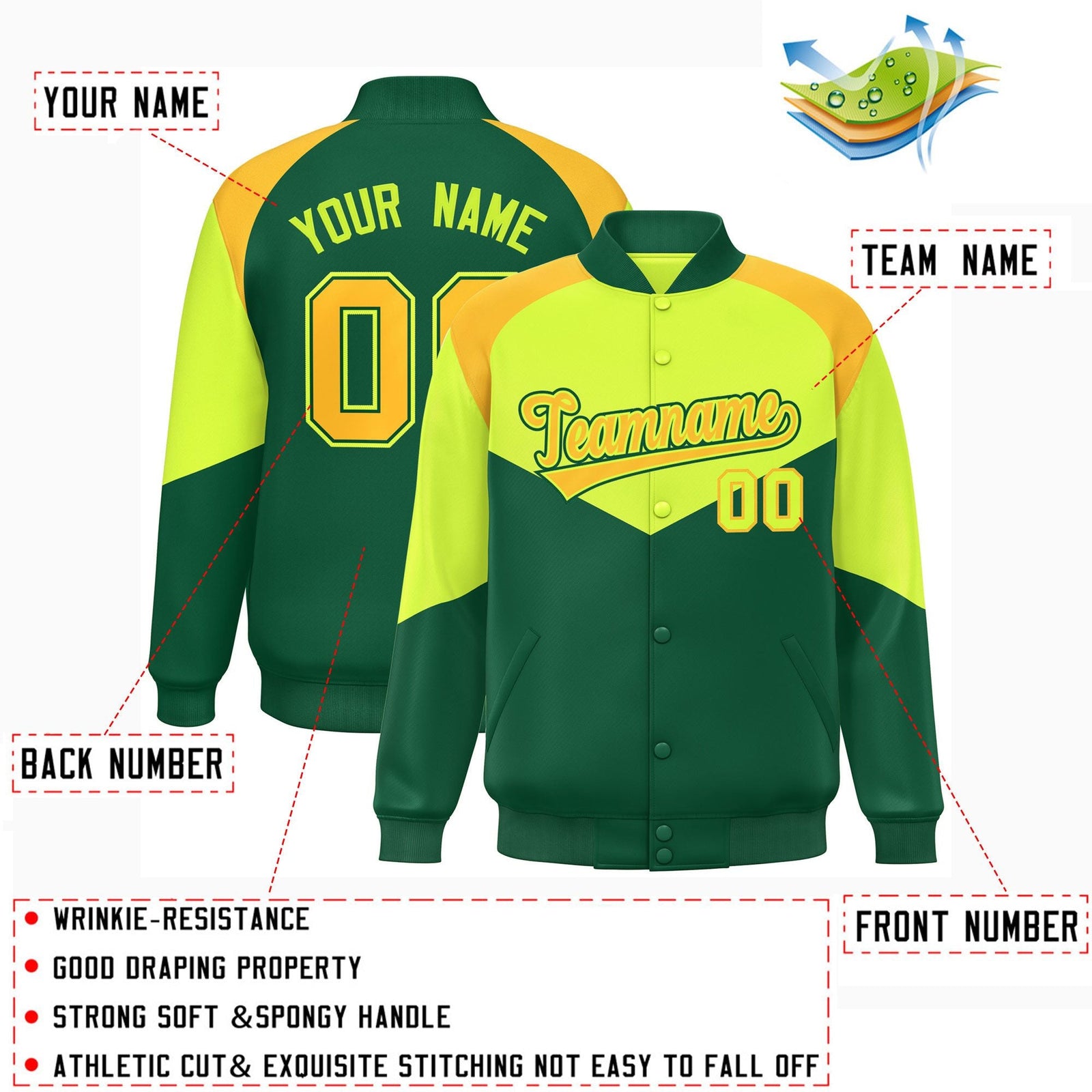 Custom Neon Green Green Varsity Full-Snap Color Block Letterman Jacket