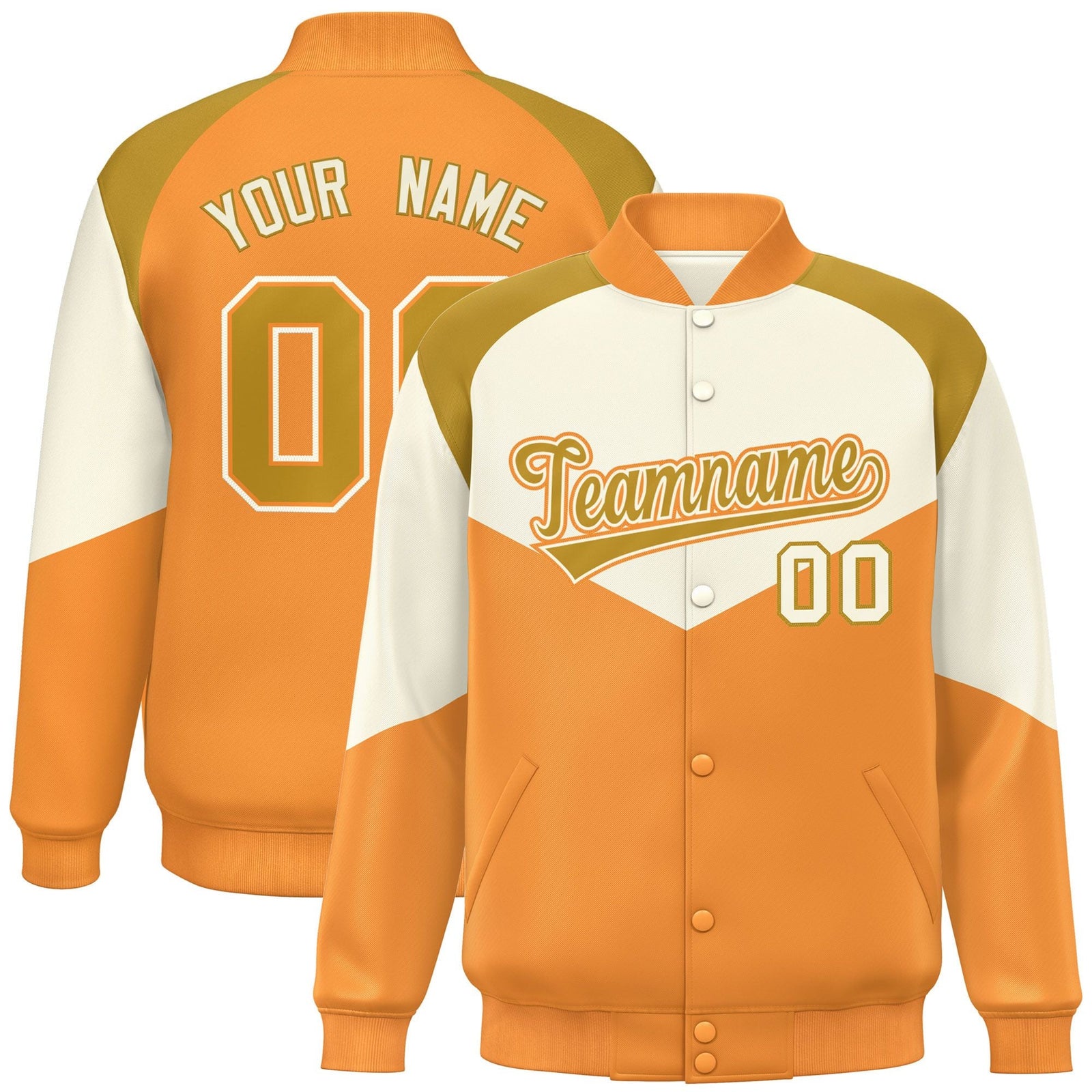 Custom Cream Orange Varsity Full-Snap Color Block Letterman Jacket