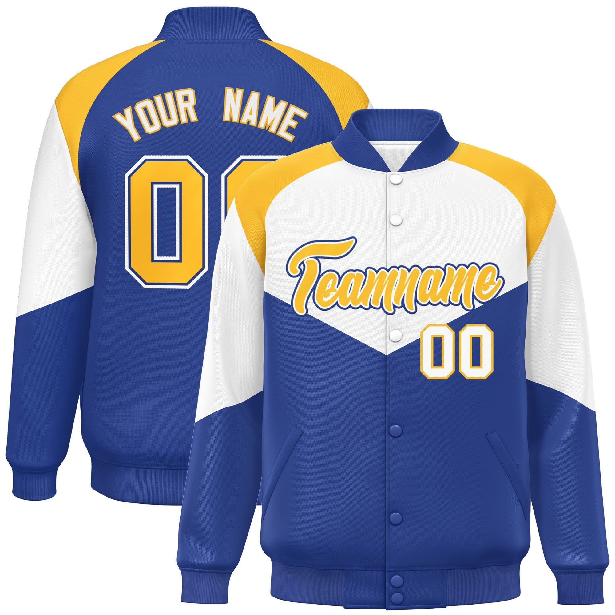 Custom White Royal Varsity Full-Snap Color Block Letterman Jacket