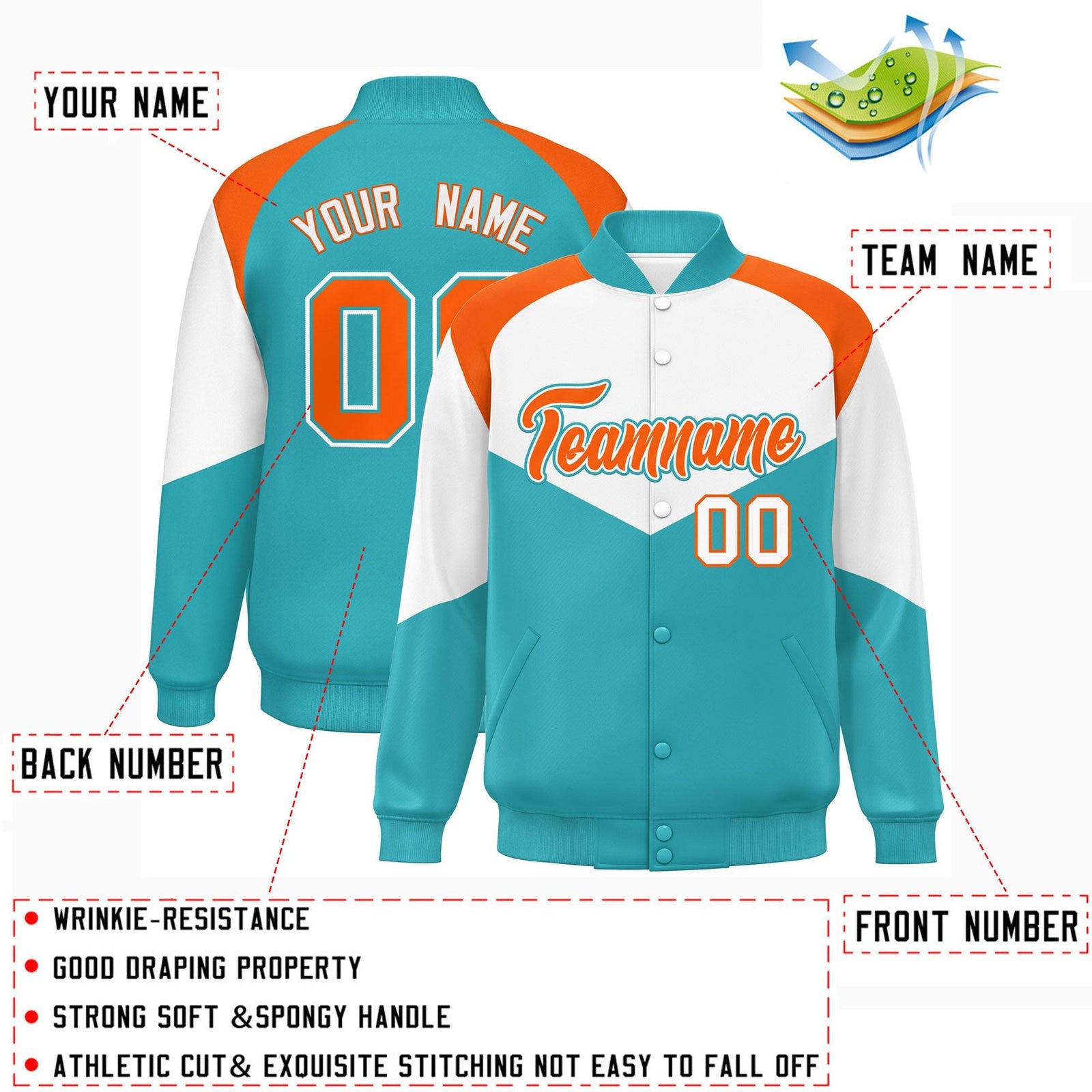Custom White Aqua Varsity Full-Snap Color Block Letterman Jacket
