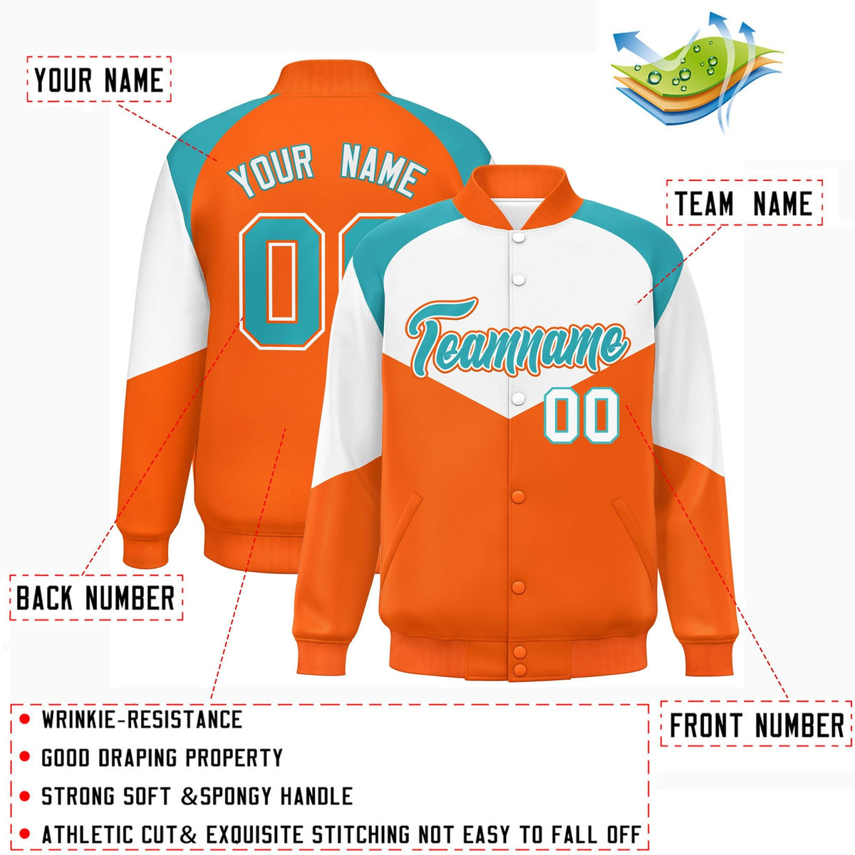 Custom White Orange Varsity Full-Snap Color Block Letterman Jacket